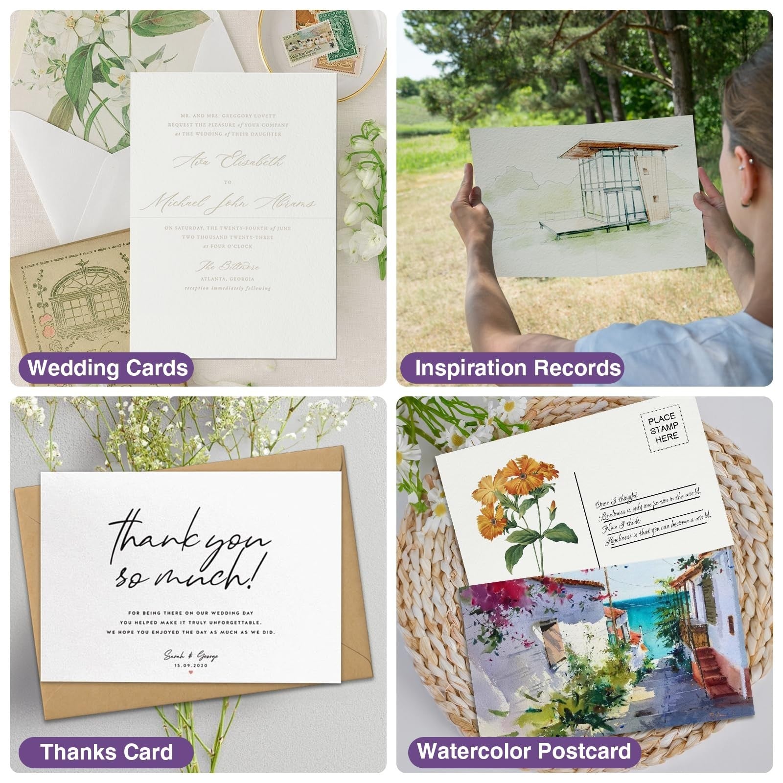 50 Pack Foldable Watercolor Cards & Envelopes 5"x7" | 140LB Cotton Postcards6