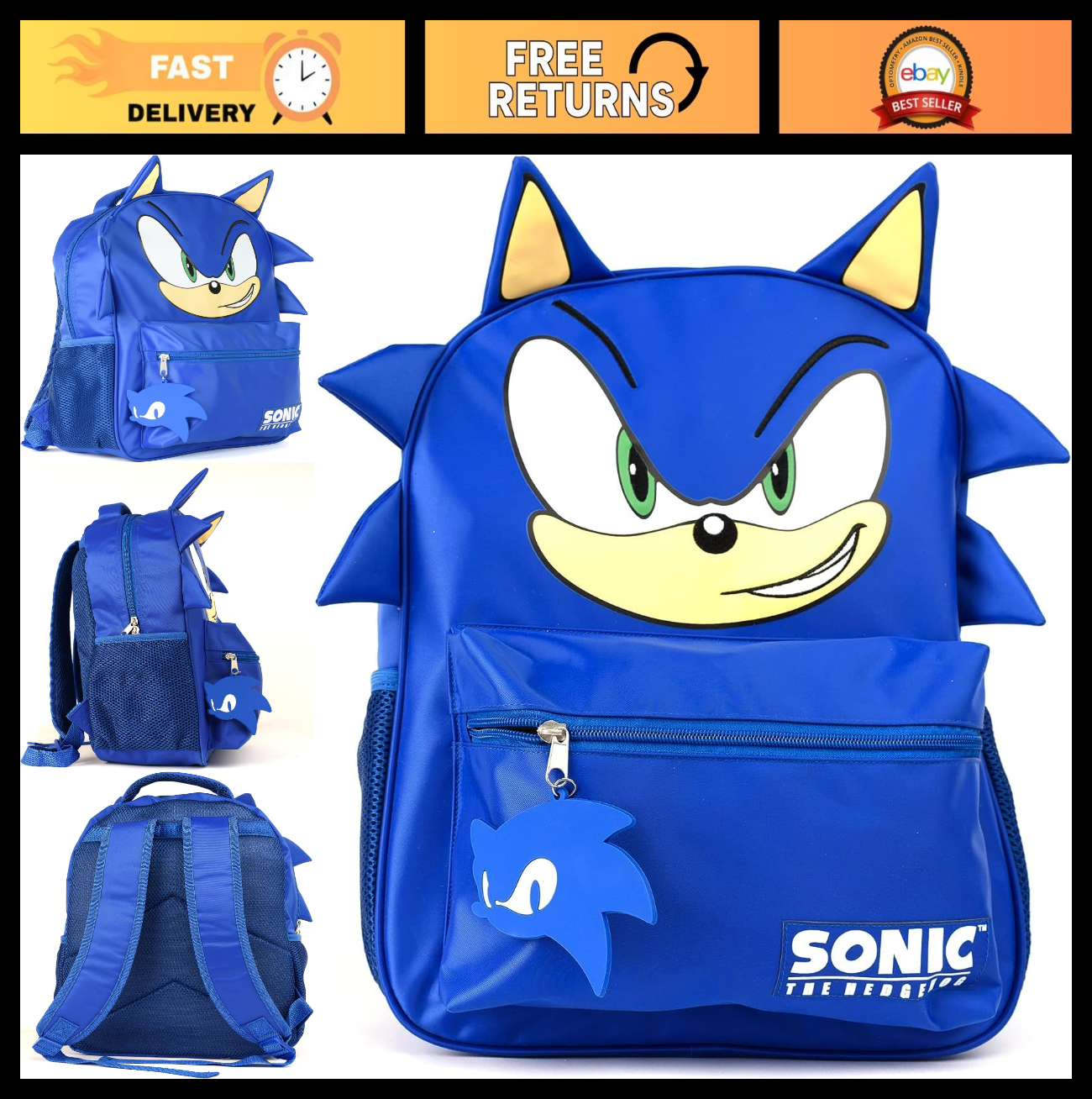 Sonic Backpack for Kids, 16" School Bag with Adjustable Straps & Padded Back, Bl0