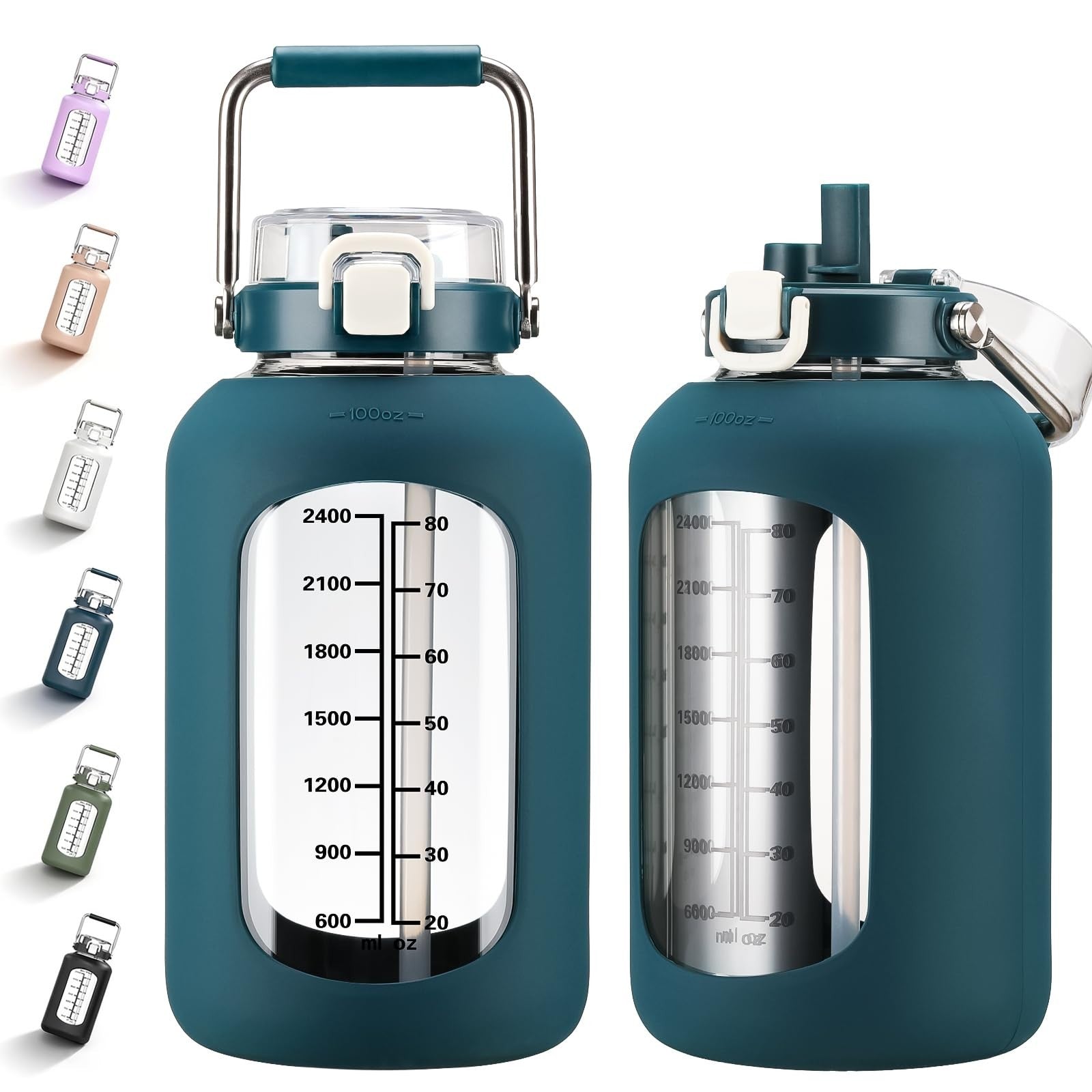 100oz BPA-Free Glass Water Bottle with Time Marker & Silicone Sleeve - Large 3L1