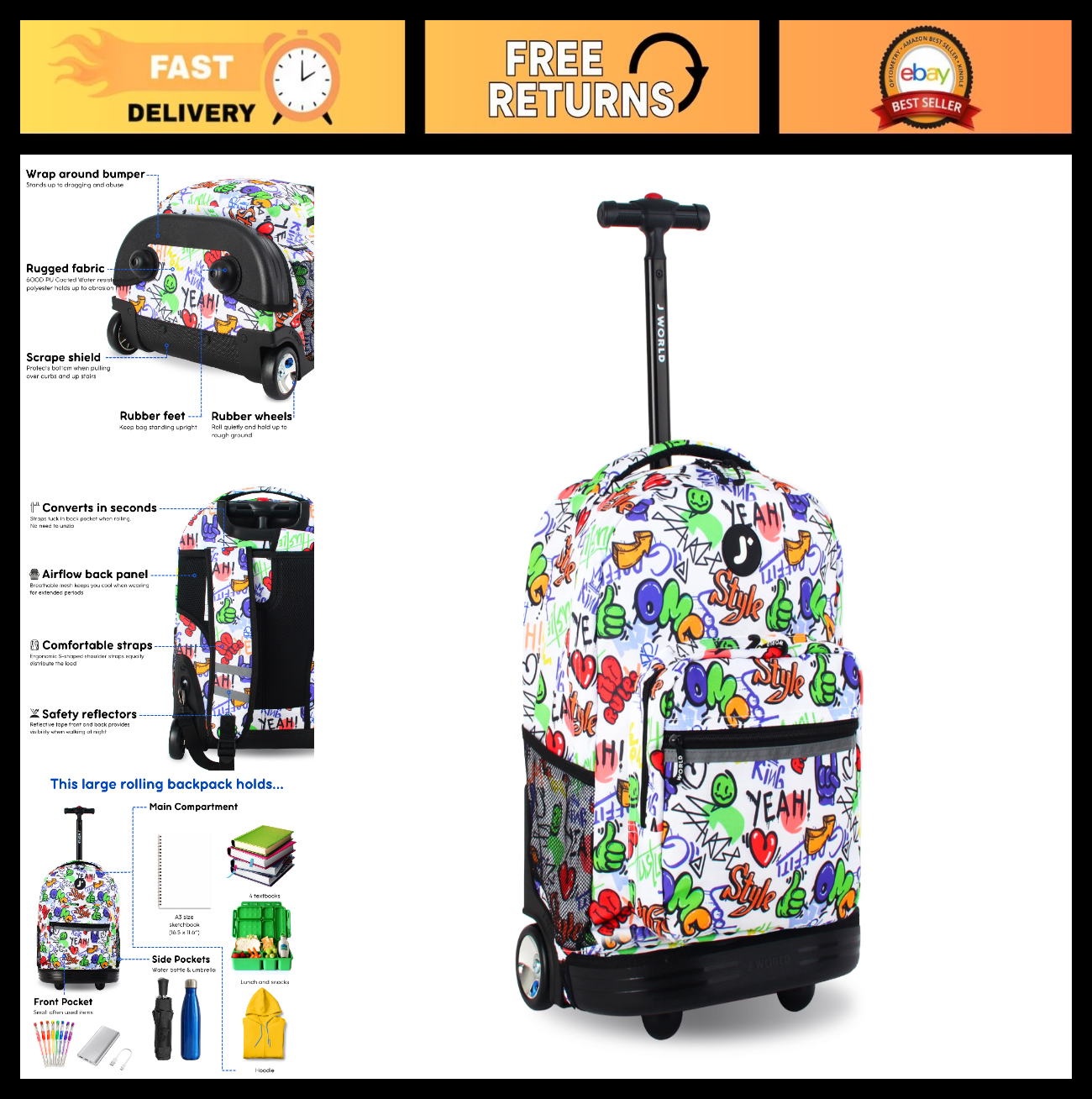 Kids Rolling Backpack with Wheels, 18" School Bookbag for Boys & Girls, Street A0