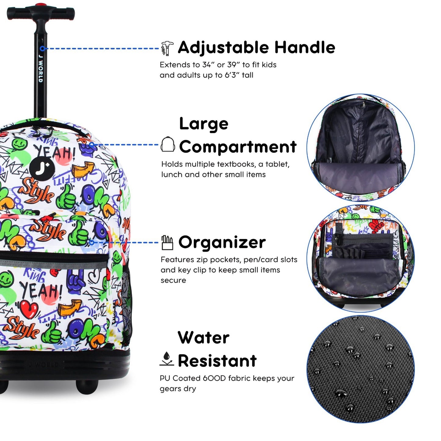 Kids Rolling Backpack with Wheels, 18" School Bookbag for Boys & Girls, Street A2