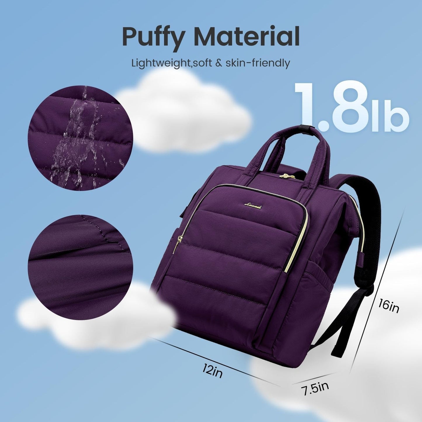Lightweight 15.6" Laptop Backpack for Women, Quilted Travel Bag, Dark Purple4