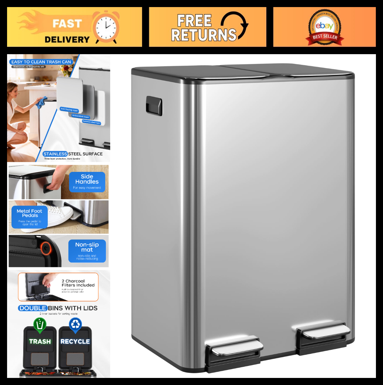 16 Gallon Stainless Steel Step Trash Can with Inner Buckets & Hinged Lids - Kitc0