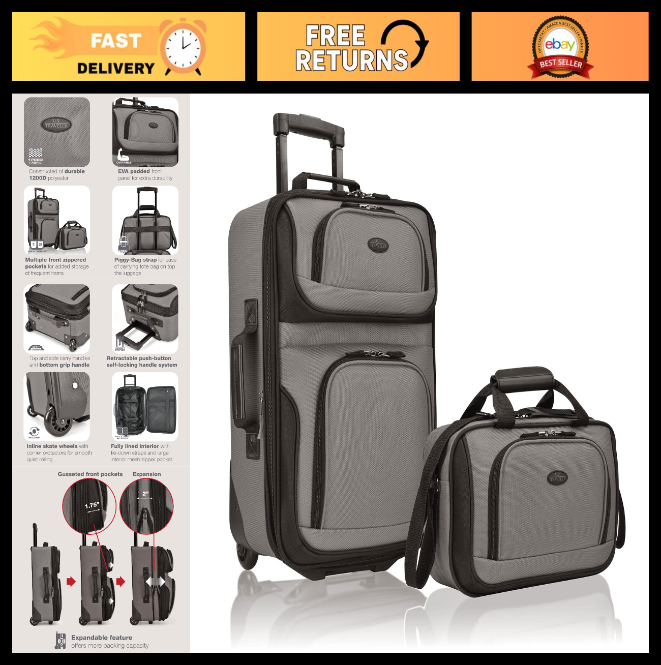 Lightweight Softside Rolling Carry-on Suitcase Set, 2-Wheel Travel Luggage, Grey0