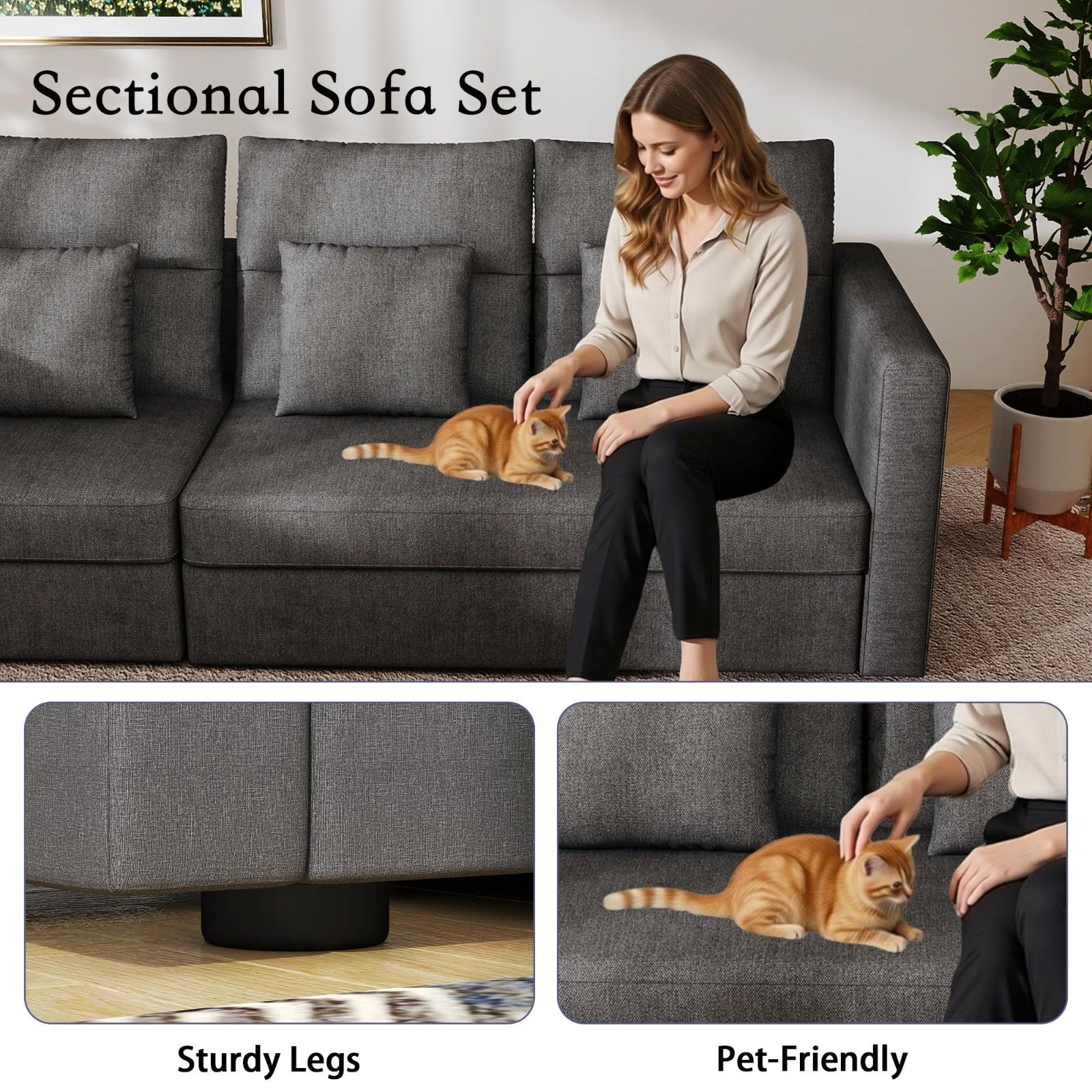 Modern Grey 2-Piece Sofa Set - Comfy 6-Seat Couch & Loveseat for Living Room3
