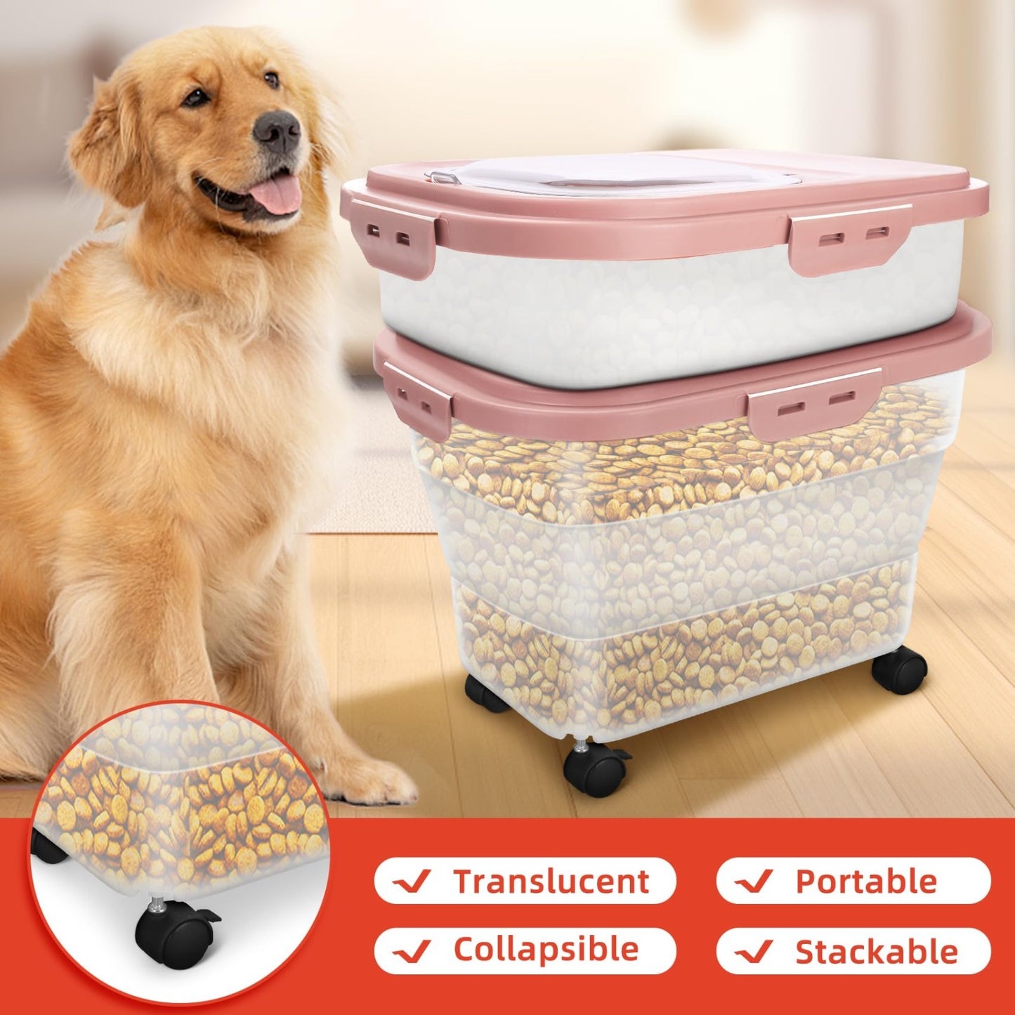 Collapsible Airtight Pet Food Container 17-20 lb with Wheels, Scoop & Cup - Red3