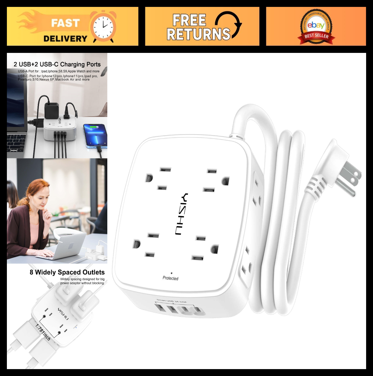 8 Outlet Surge Protector Power Strip with 4 USB Ports, 5ft Extension Cord, Flat0