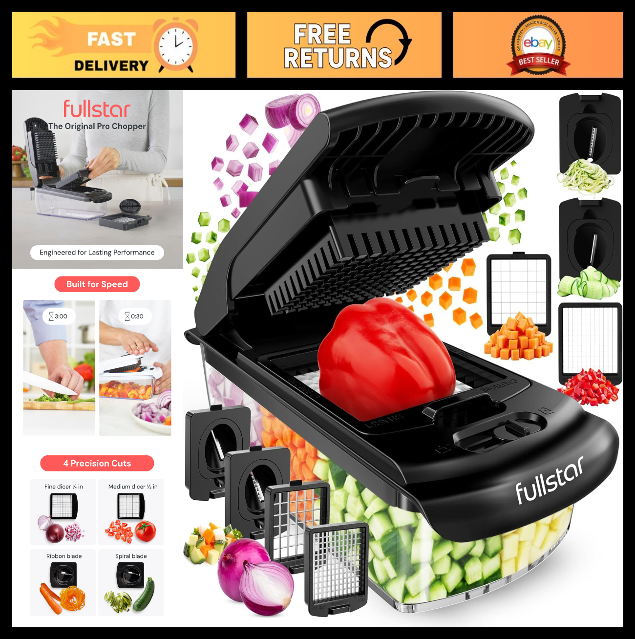 4 in 1 Vegetable Chopper & Spiralizer, Sharp Stainless Steel Blades, Kitchen Pre0
