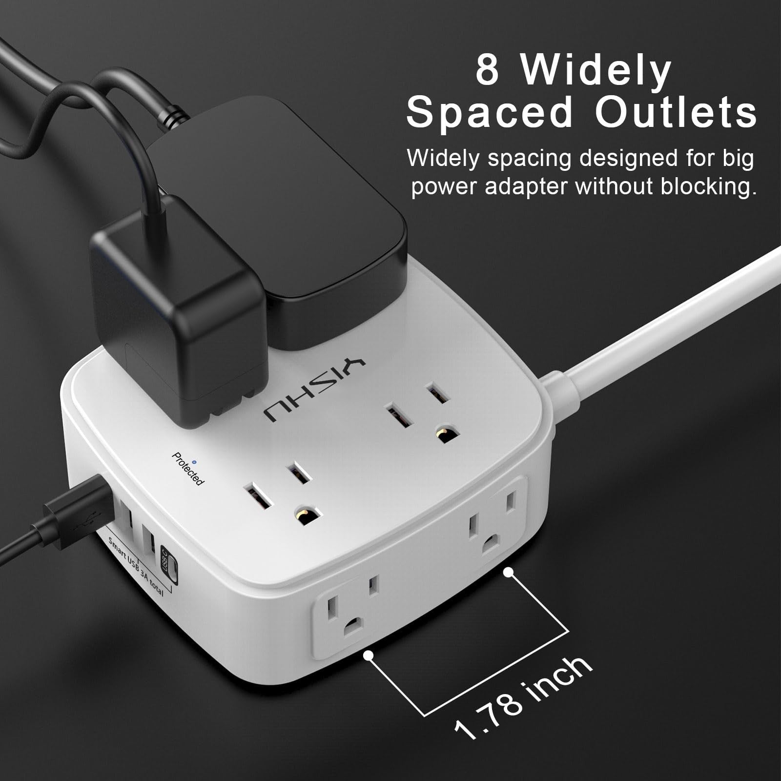 20ft Surge Protector Power Strip, 8 Outlets & 4 USB Ports, Flat Plug, Wall Mount4