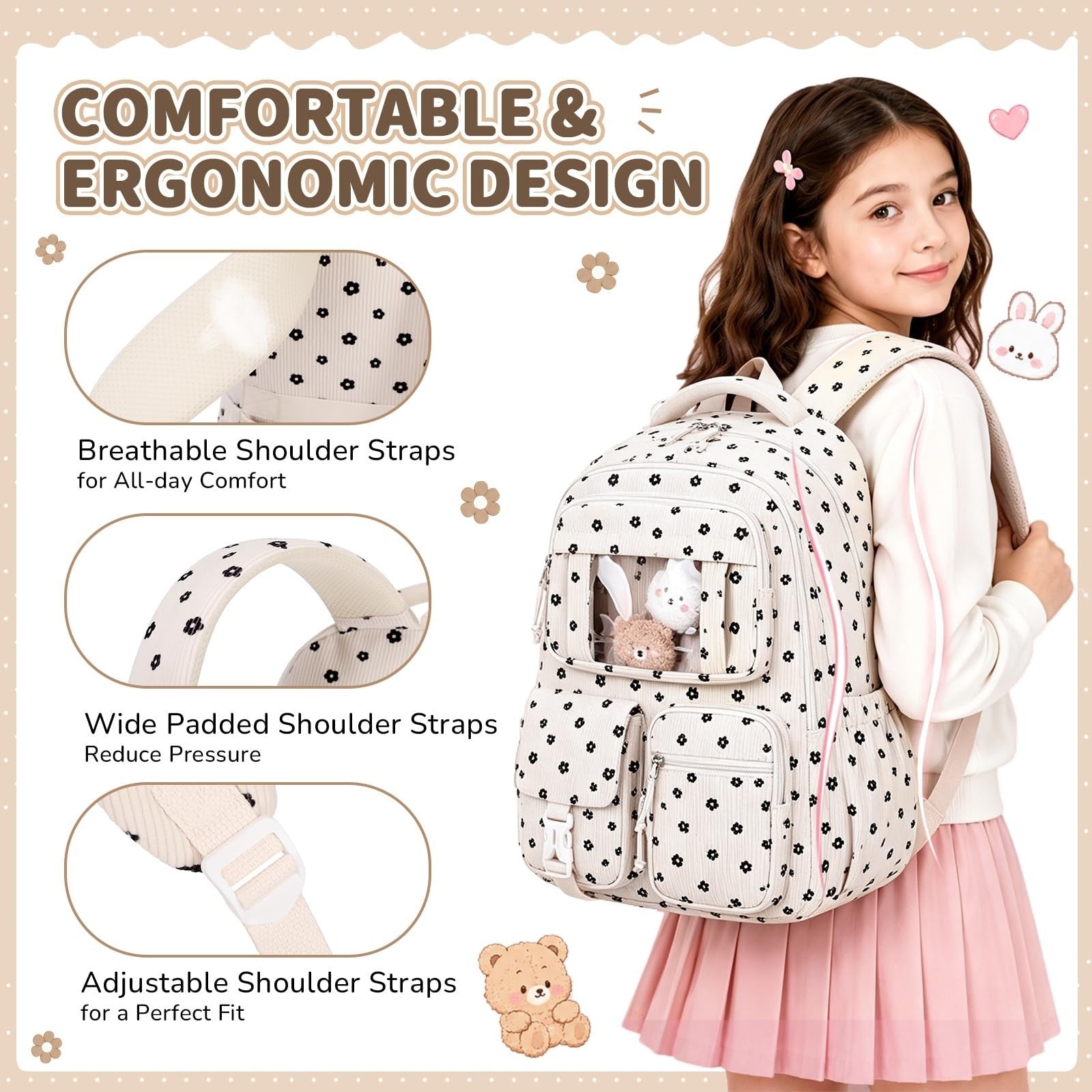 Kawaii Corduroy Backpack Set for Girls - 3PCS School Bag, Lunch Box & Pencil Cas5