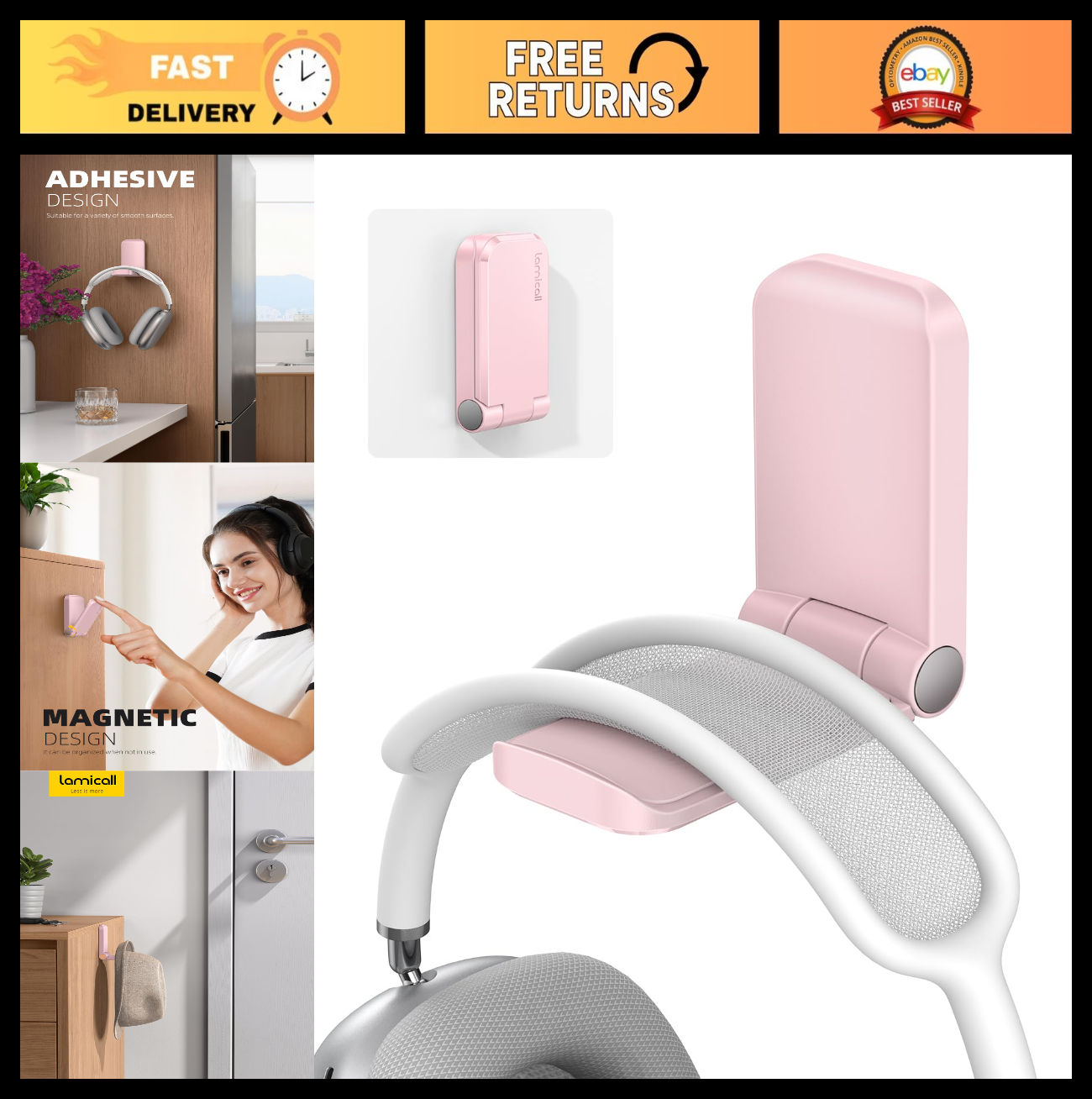 Adhesive Headphone Stand Hook Mount   Under Desk Headset Holder Clip, Pink0