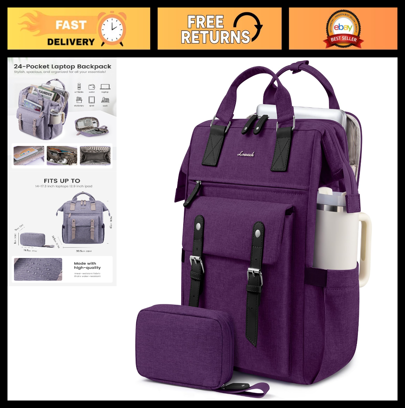 Stylish Waterproof Laptop Backpack for Women, 17.3" with Tumbler Holder, Travel0