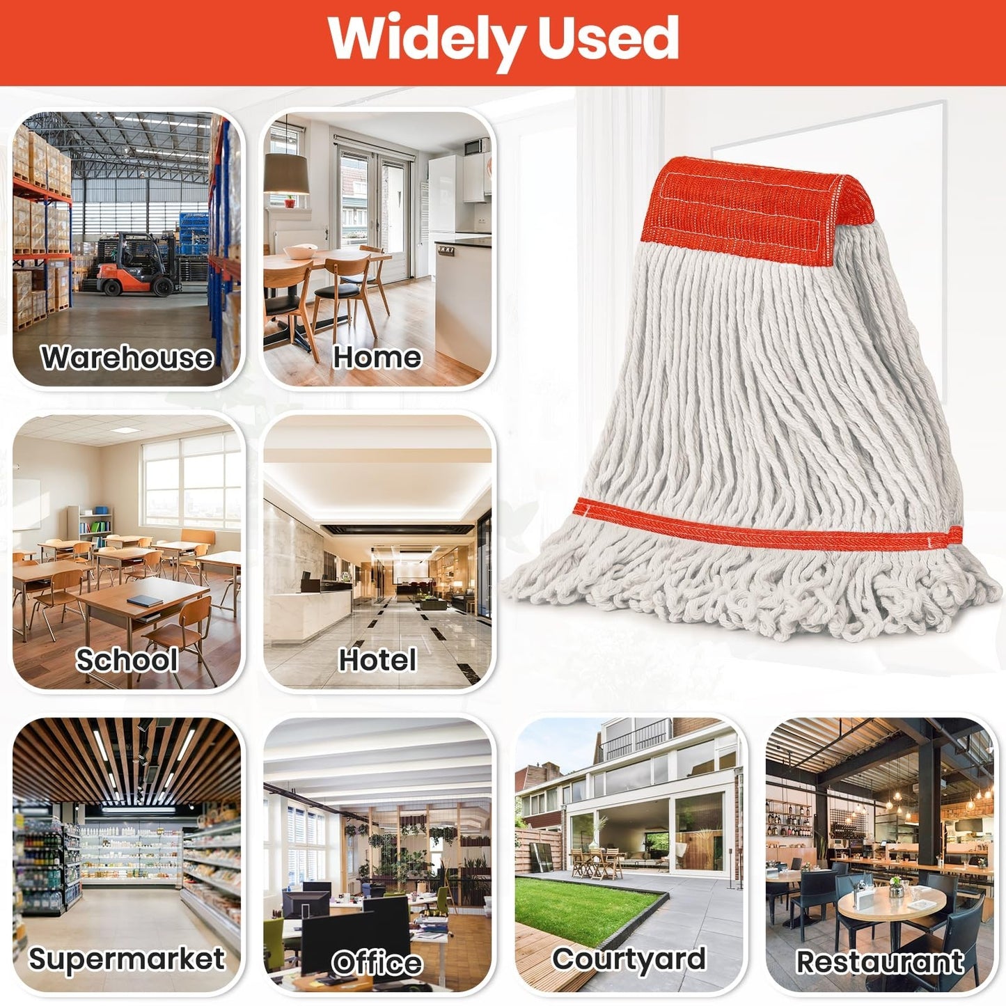 6PK Heavy Duty Cotton Mop Head Refills, Highly Absorbent Industrial Wet Mop for6