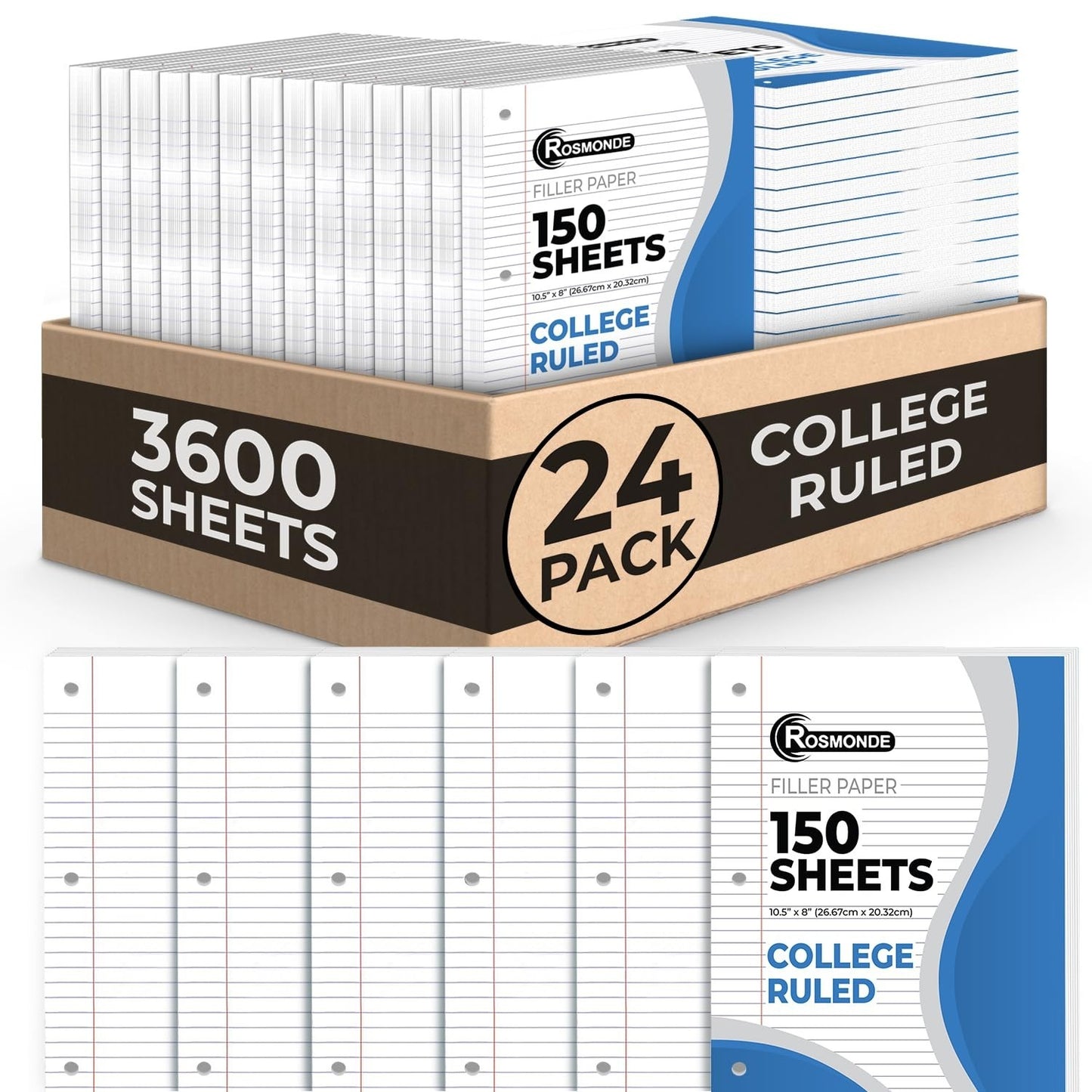 Bulk Loose Leaf Paper, 3600 Sheets, College Ruled, 8" x 10.5", 3 Hole Punched, O1