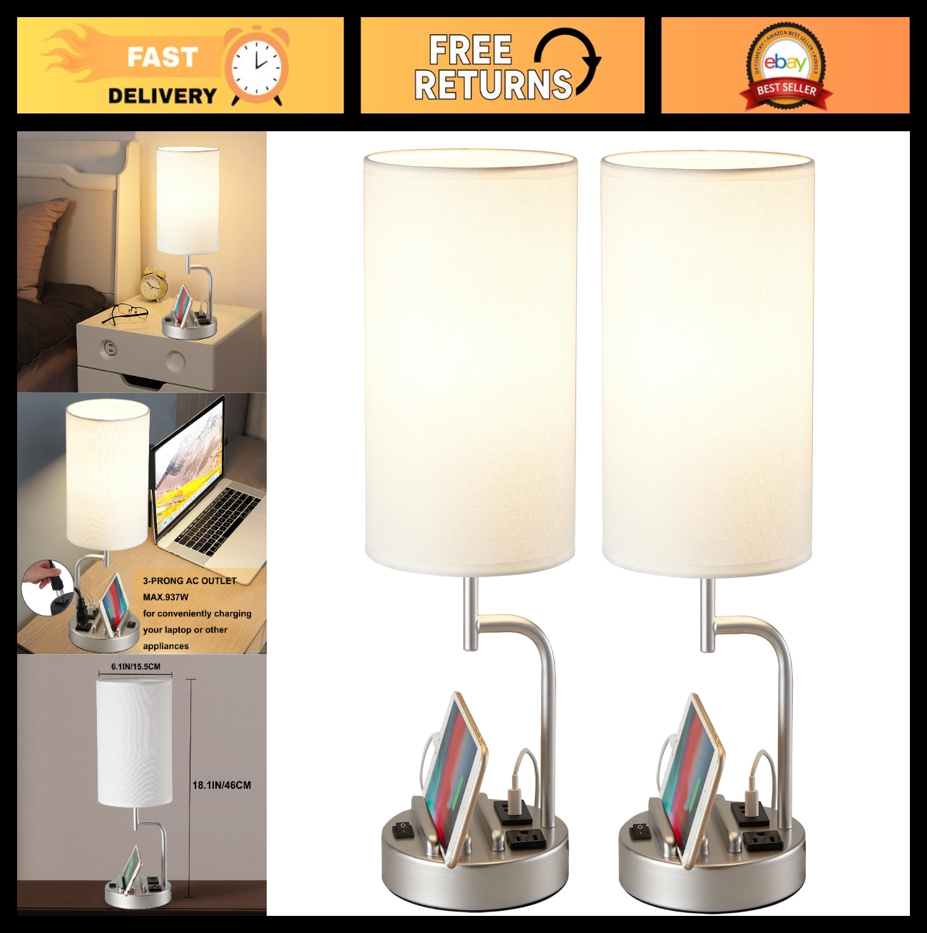 Modern Table Lamp with 3 USB Ports & AC Outlet, Desk Lamp for Bedroom & Office  0
