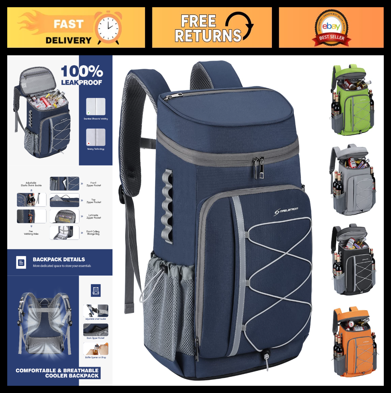 Insulated Soft Cooler Backpack - 35/50 Can Capacity for Camping, Hiking & Beach0