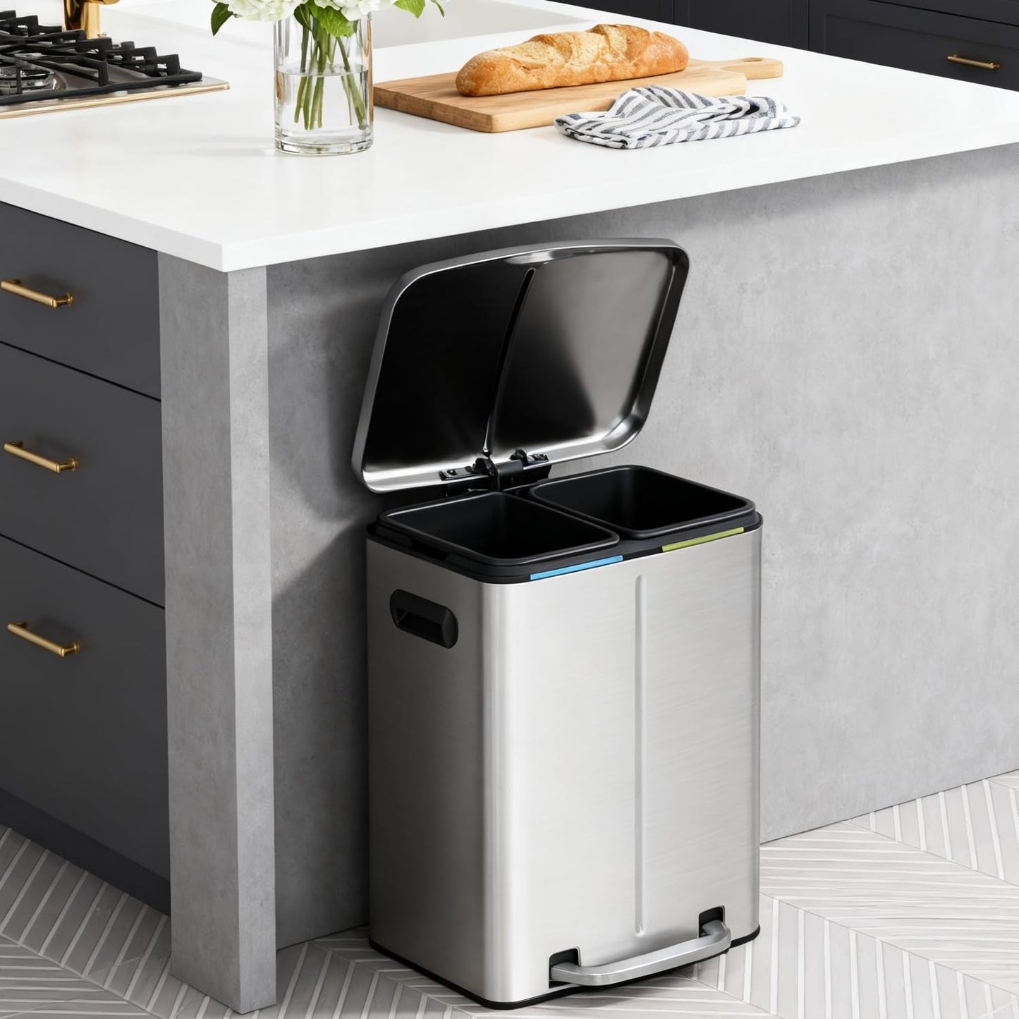 Dual Compartment Trash Can with Lid, Removable Inner Bucket, Foot Pedal, Soft Cl2