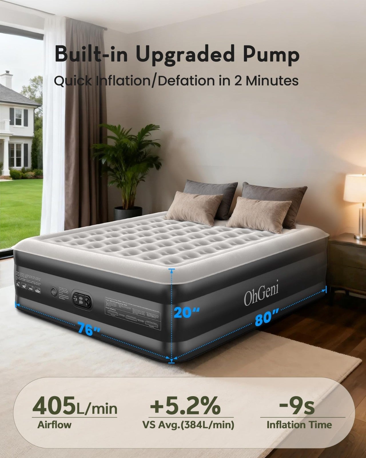 20" Raised King Size Air Mattress with Built in Pump, 1000lb Capacity, Flocked T8