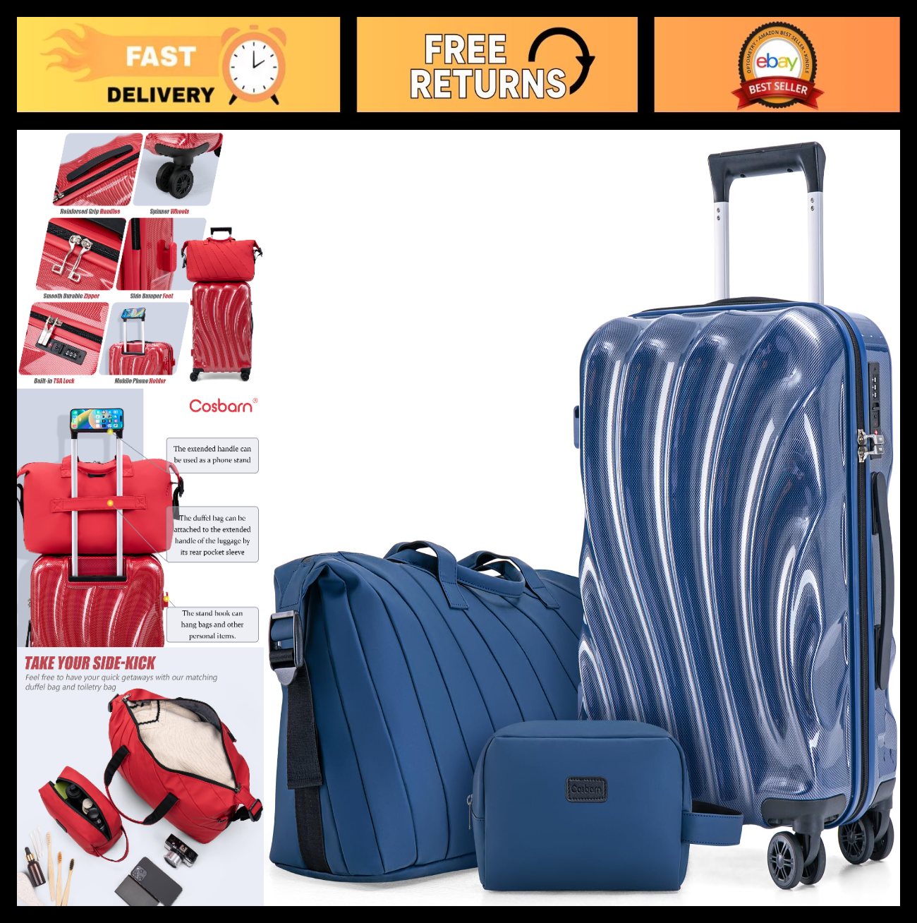 3-Piece Hardshell Luggage Set with Wheels, Lightweight Carry-On Suitcases, TSA L0