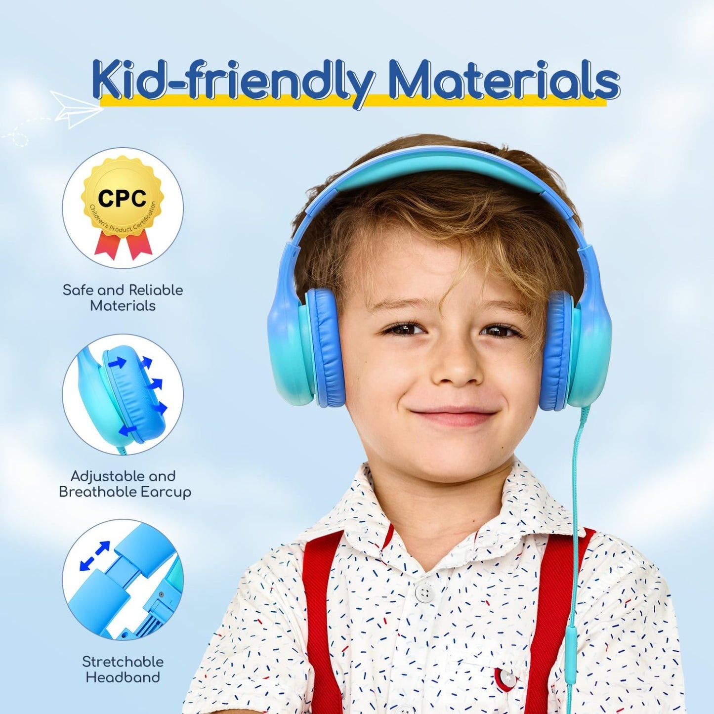 Wired Kids Headphones with Mic, USB Type C, 85dB Volume Limit, Foldable Stereo S3