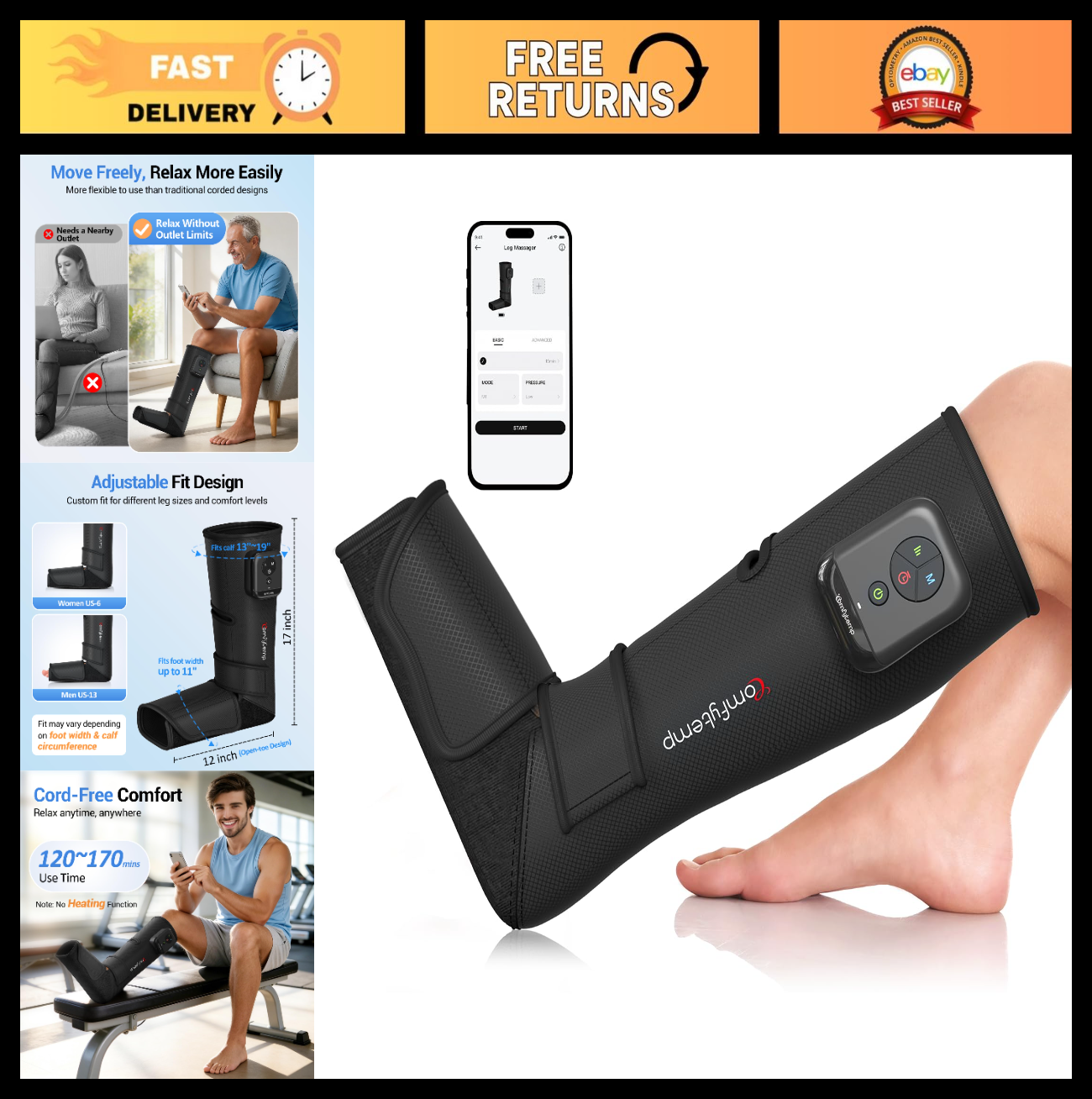Portable Cordless Leg Massager for Circulation & Pain Relief - Foot & Calf Compr0