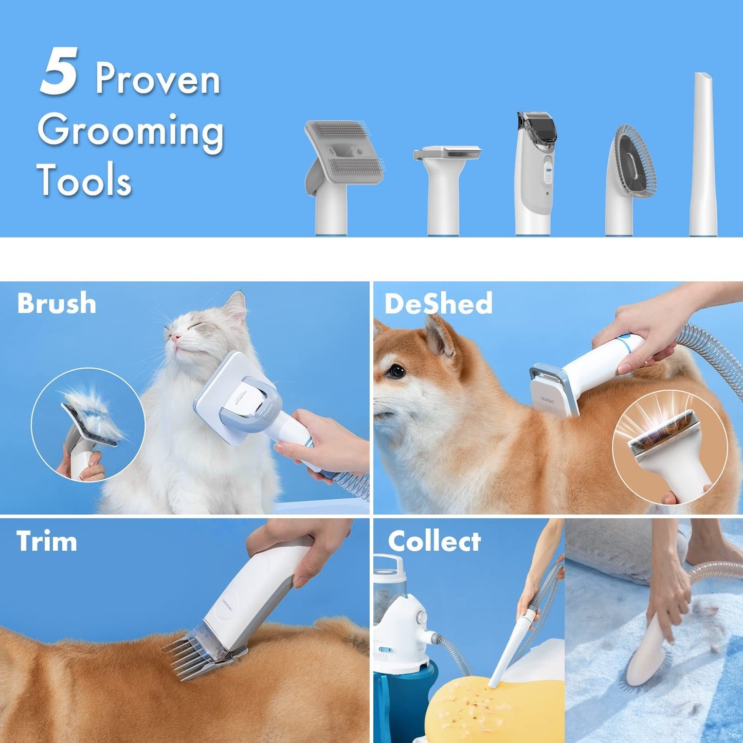 Dog Grooming Kit with Vacuum Suction, 5 Tools, 99% Hair Removal, 2L Dustbin2