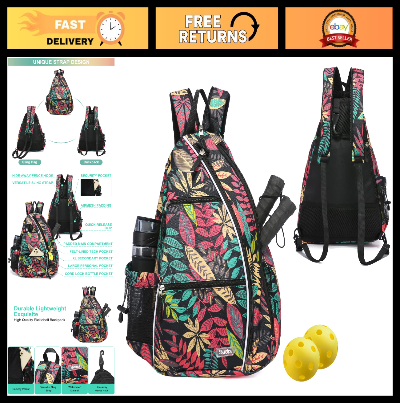 Adjustable Pickleball Backpack with Fence Hook, Large Capacity & Safety Pocket0