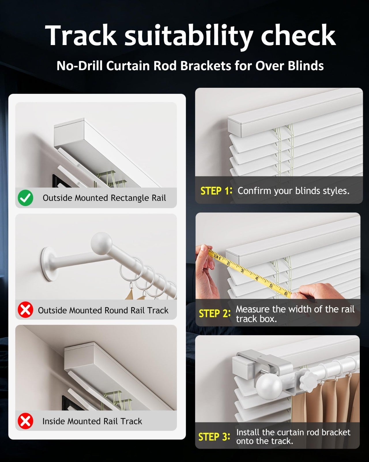 No Drill Curtain Rod Brackets for Outside-Mount Blinds, Tool-Free Holders, 3 Pac5