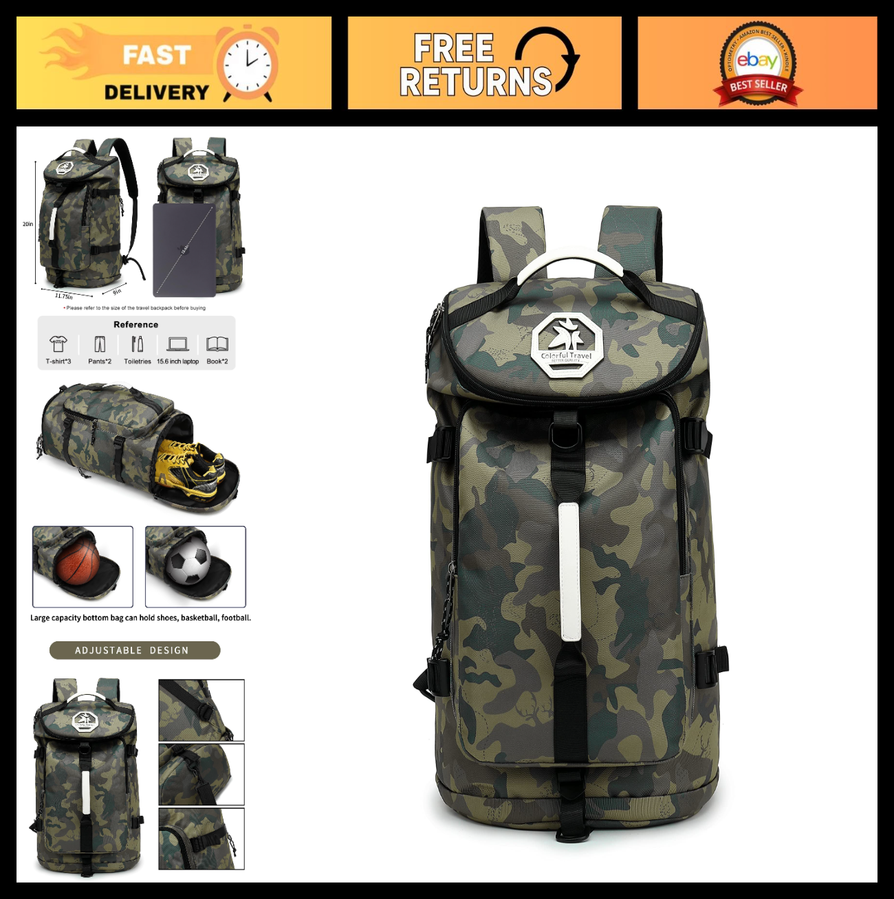 Waterproof Gym Duffel Backpack with Shoe Compartment, 4 Carry Methods, Sports &0