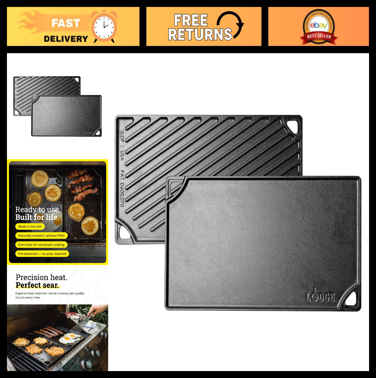 Reversible Cast Iron Grill/Griddle Pan 16.75" - Pre-Seasoned Dual-Sided Cookware0