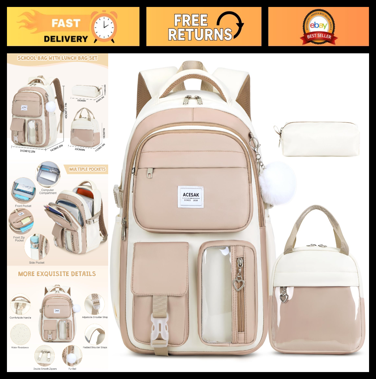 Stylish Girls Backpack with Lunch Bag & Pencil Pouch   Teen Laptop Bookbag, Khak0
