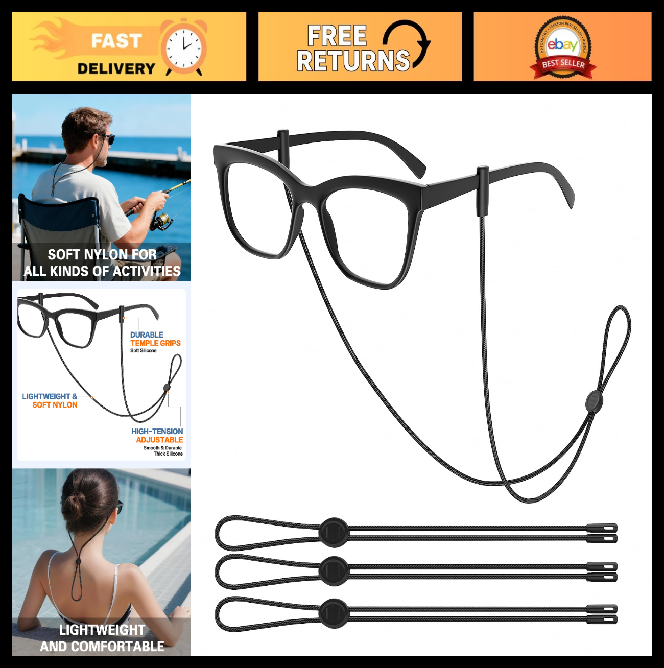 Adjustable Eyeglasses Strap 3Pcs, Sports Glasses Holder Cord, Neck Retainer Chai0