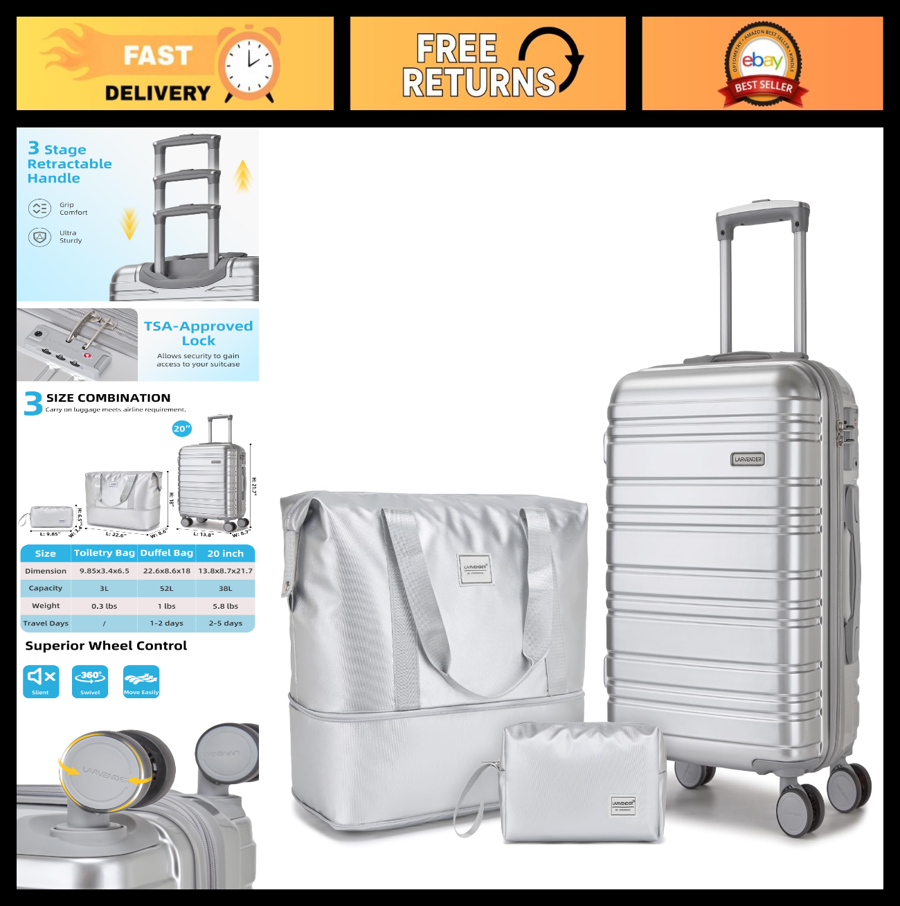 3-Piece Carry-On Luggage Set, 20" Hardshell Suitcase, Lightweight, TSA Lock, Duf0
