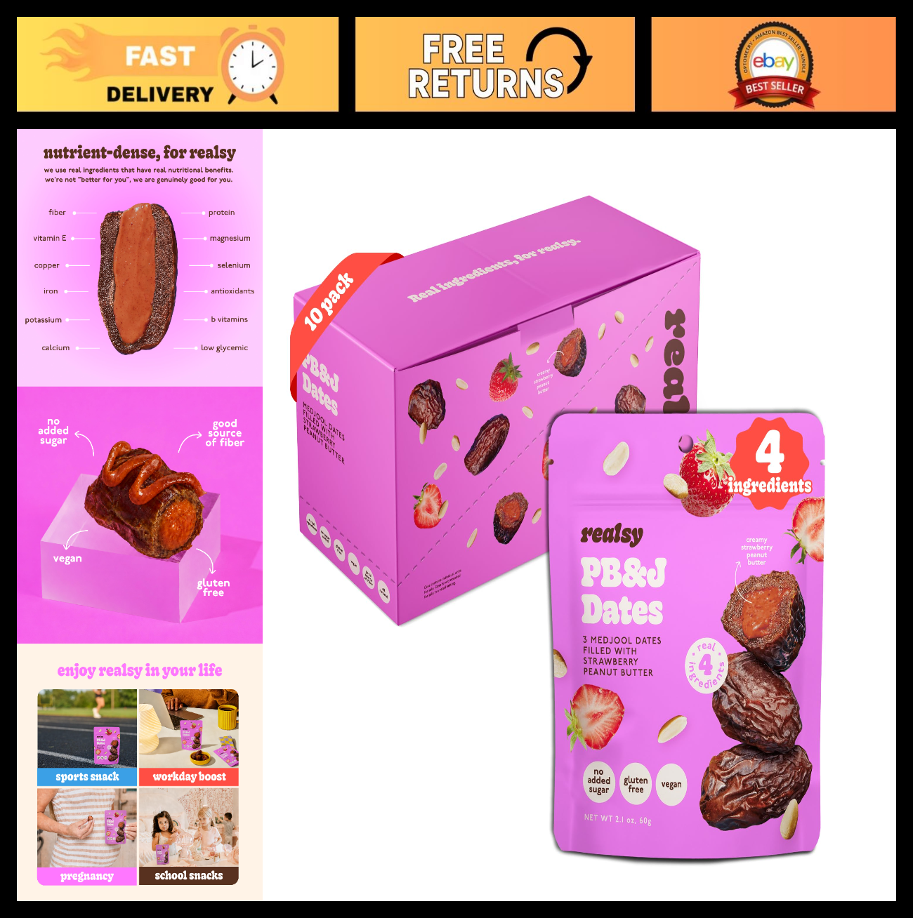 Organic Peanut Butter & Jelly Stuffed Medjool Dates - No Sugar Added, Vegan Snac0