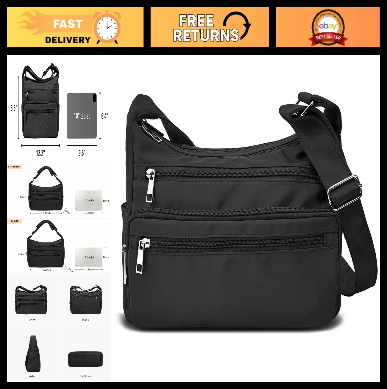 Multi Pocket Crossbody Bag for Women - RFID Fabric Nylon Travel Handbag0