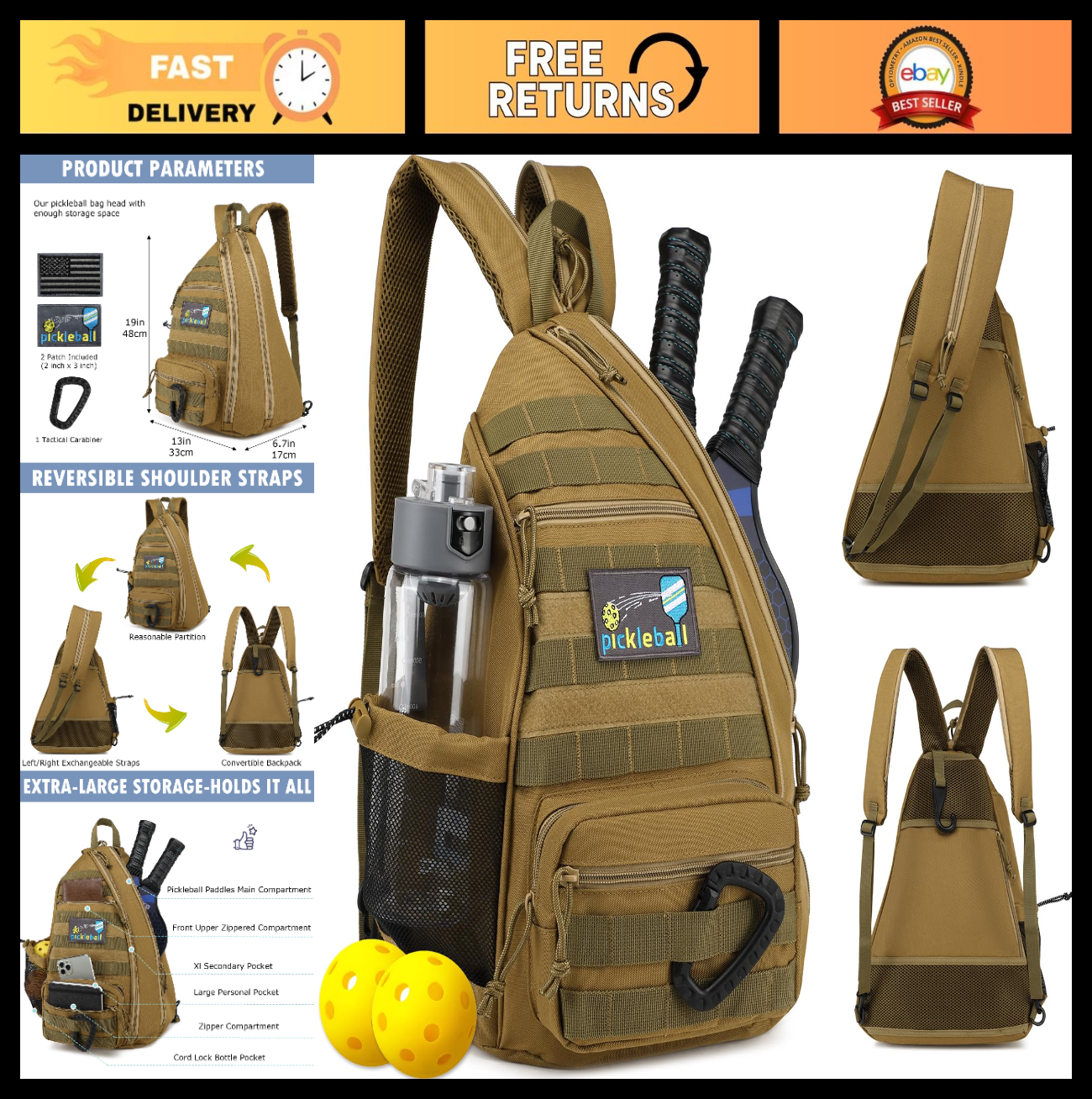Tactical Pickleball Backpack - Adjustable Sling Bag with Fence Hook & Water Bott0
