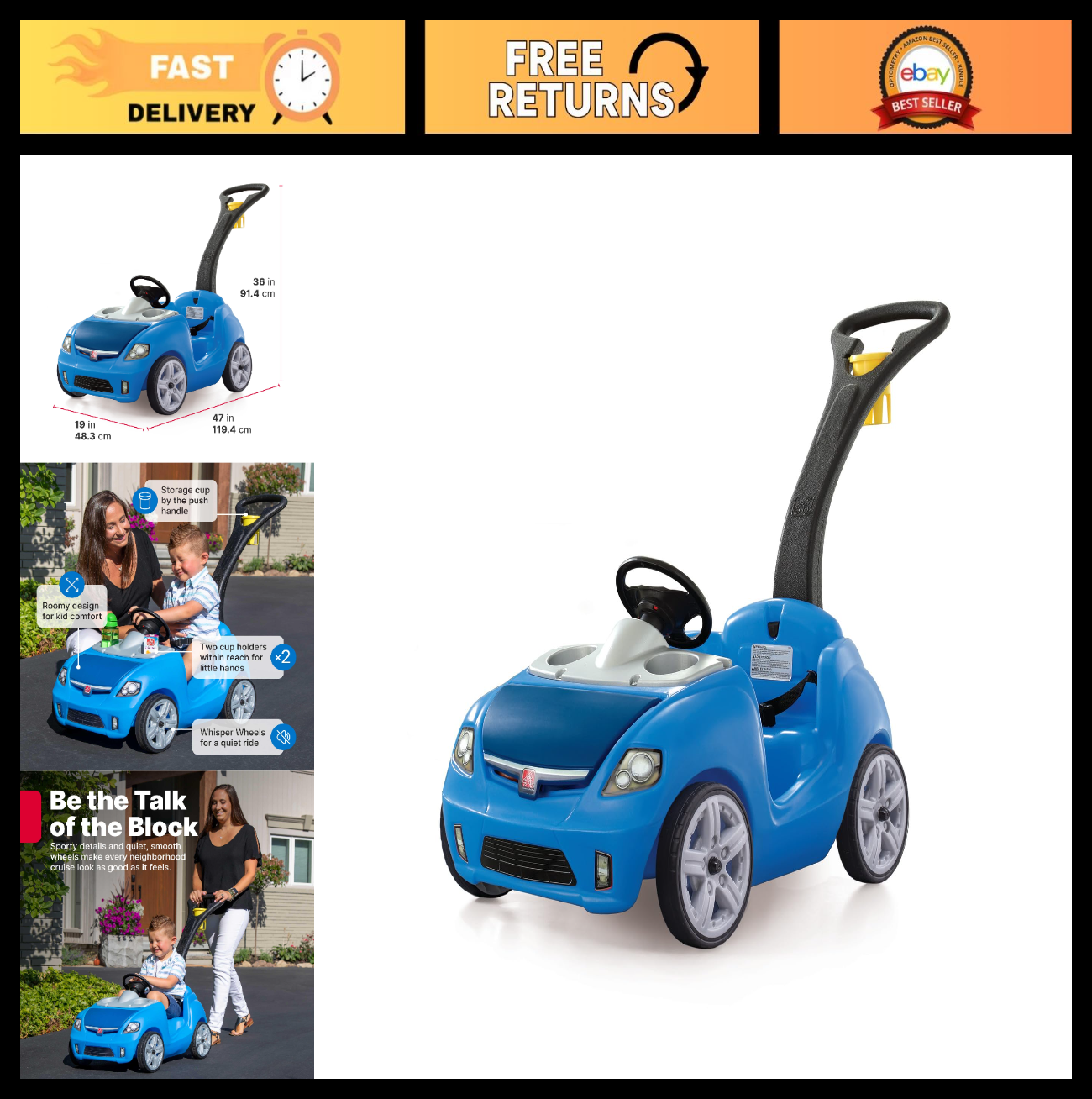 Kids Push Car Ride-On with Seat Belt & Horn, Quick Fold Handle, Toddler Stroller0