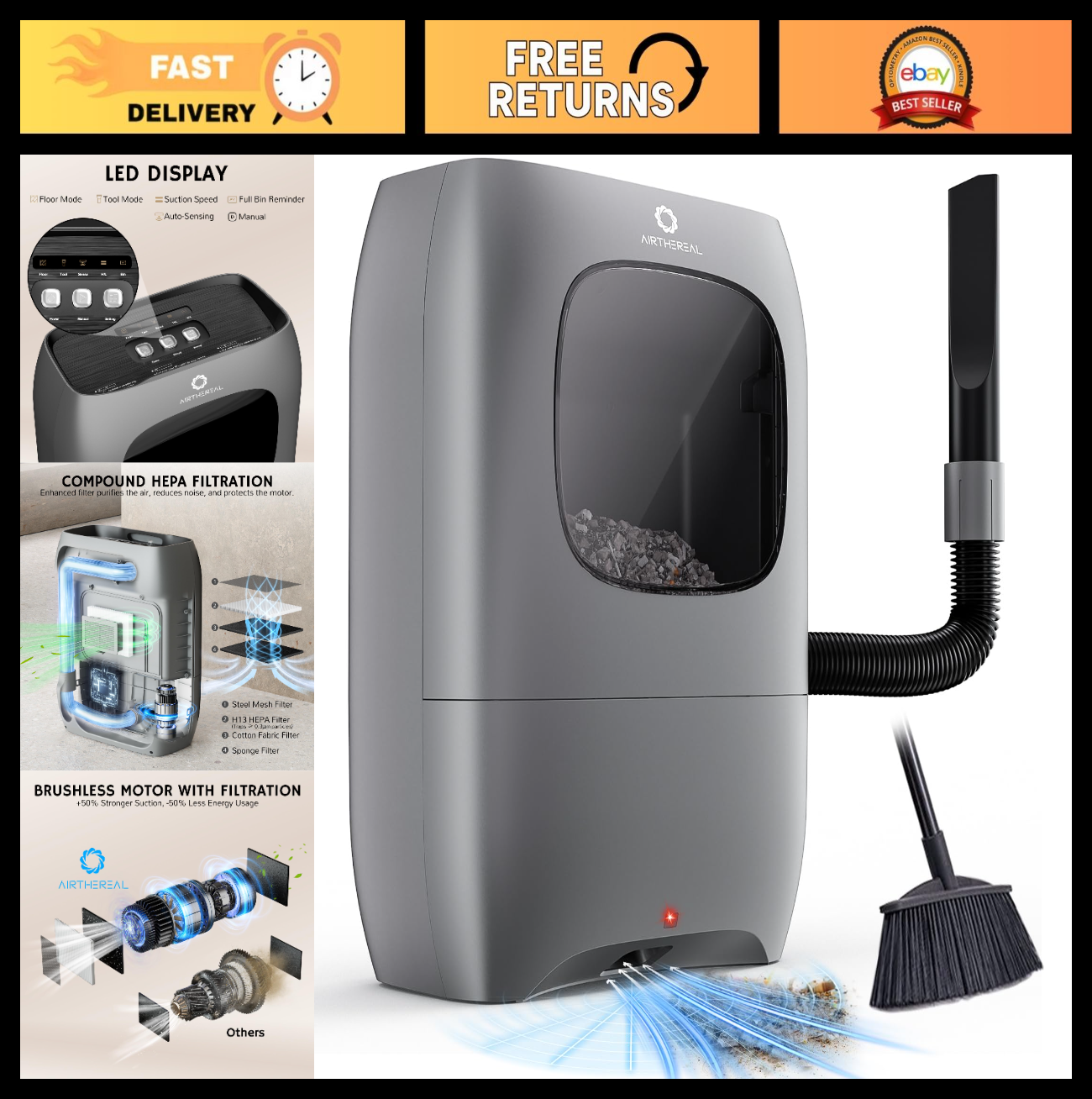 Touchless Vacuum Automatic Dustpan, Auto Sensor, 20Kpa Power, HEPA Filtration, 70