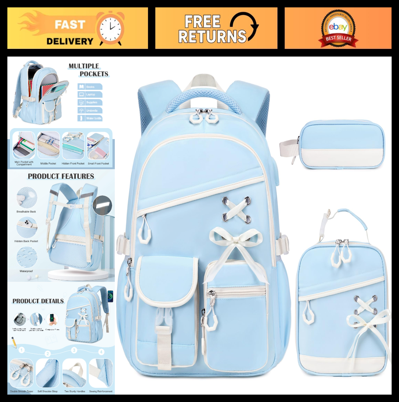3PCS Girls School Backpack Set with Lunch Box & Pencil Pouch   Stylish & Durable0