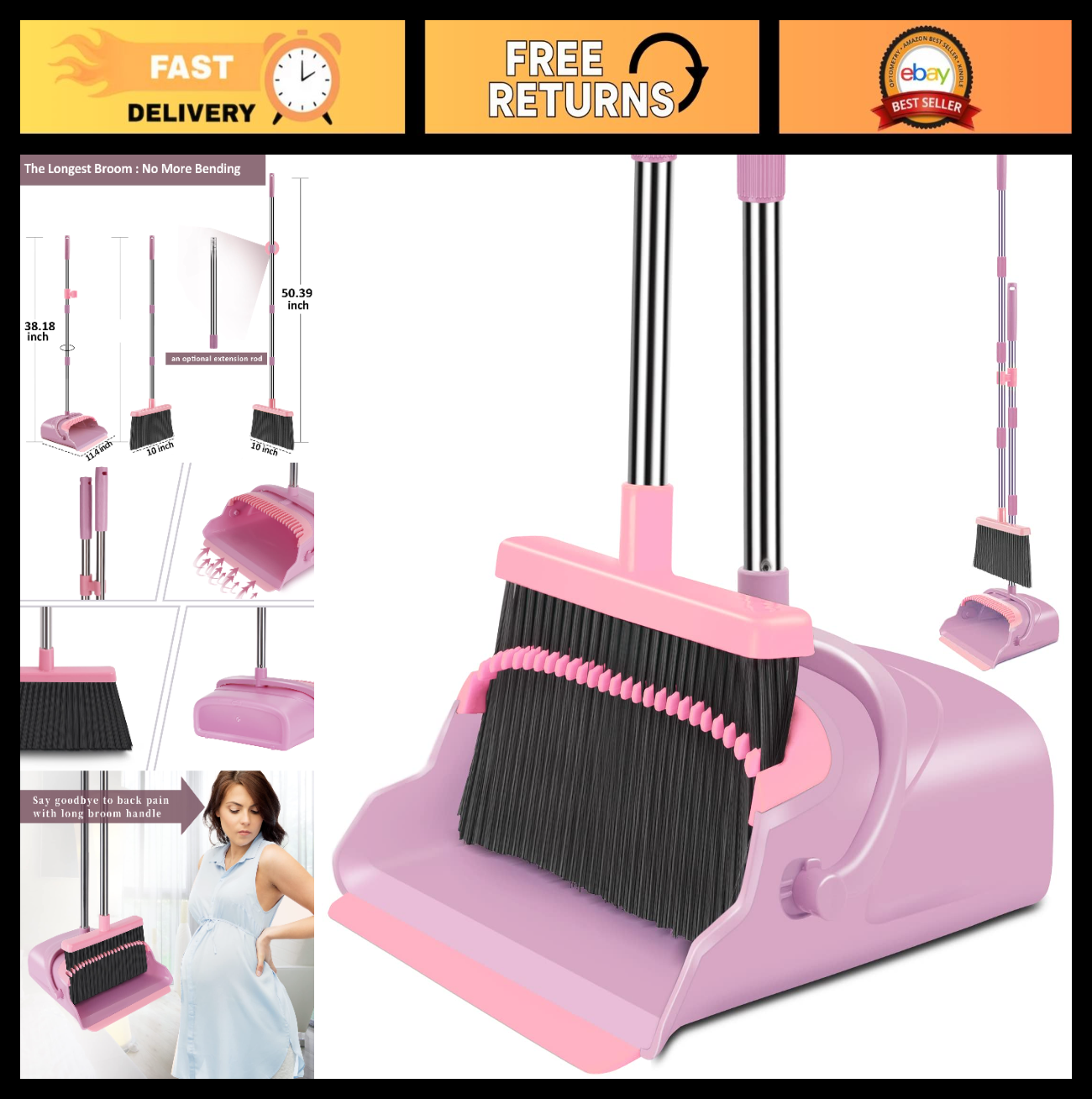 Stand Up Broom and Dustpan Set for Home & Office - Indoor/Outdoor Sweeping, Pink0