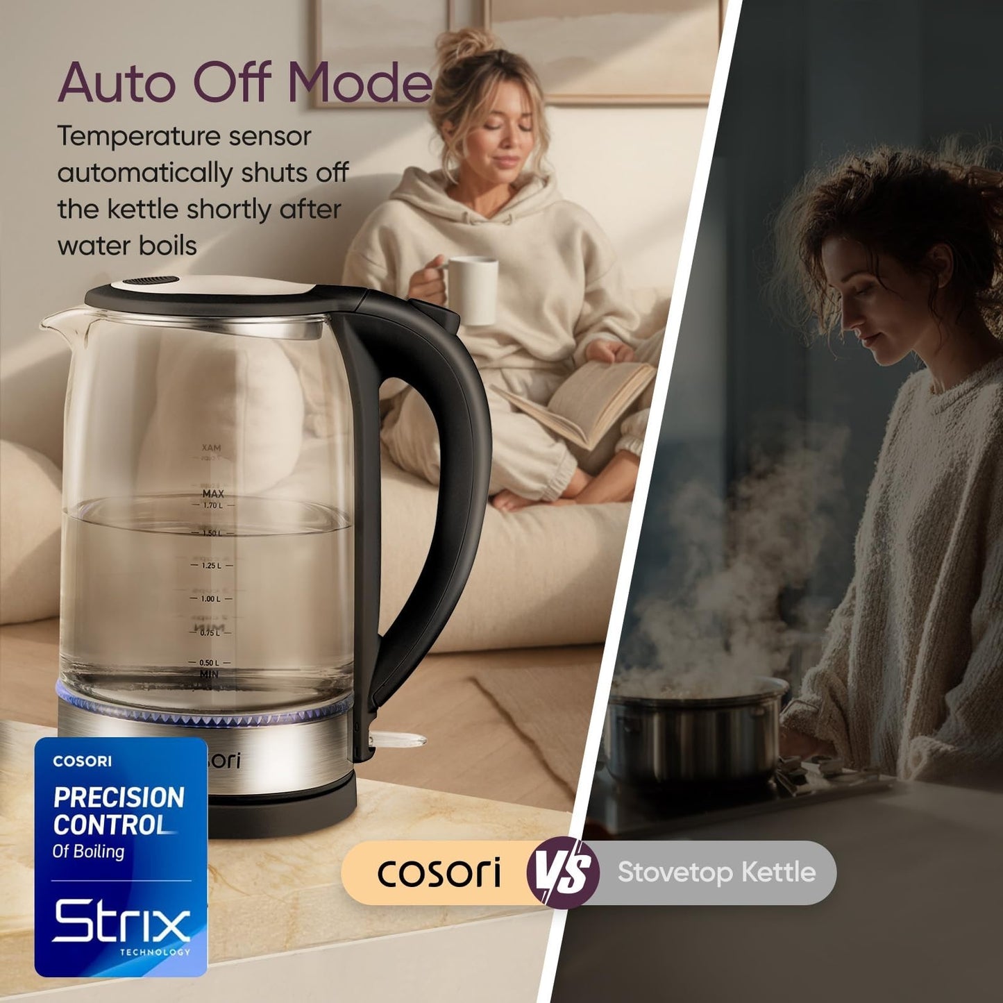 Electric Kettle 1.7L Borosilicate Glass, Auto Shut Off, Easy Clean, No Plastic,5
