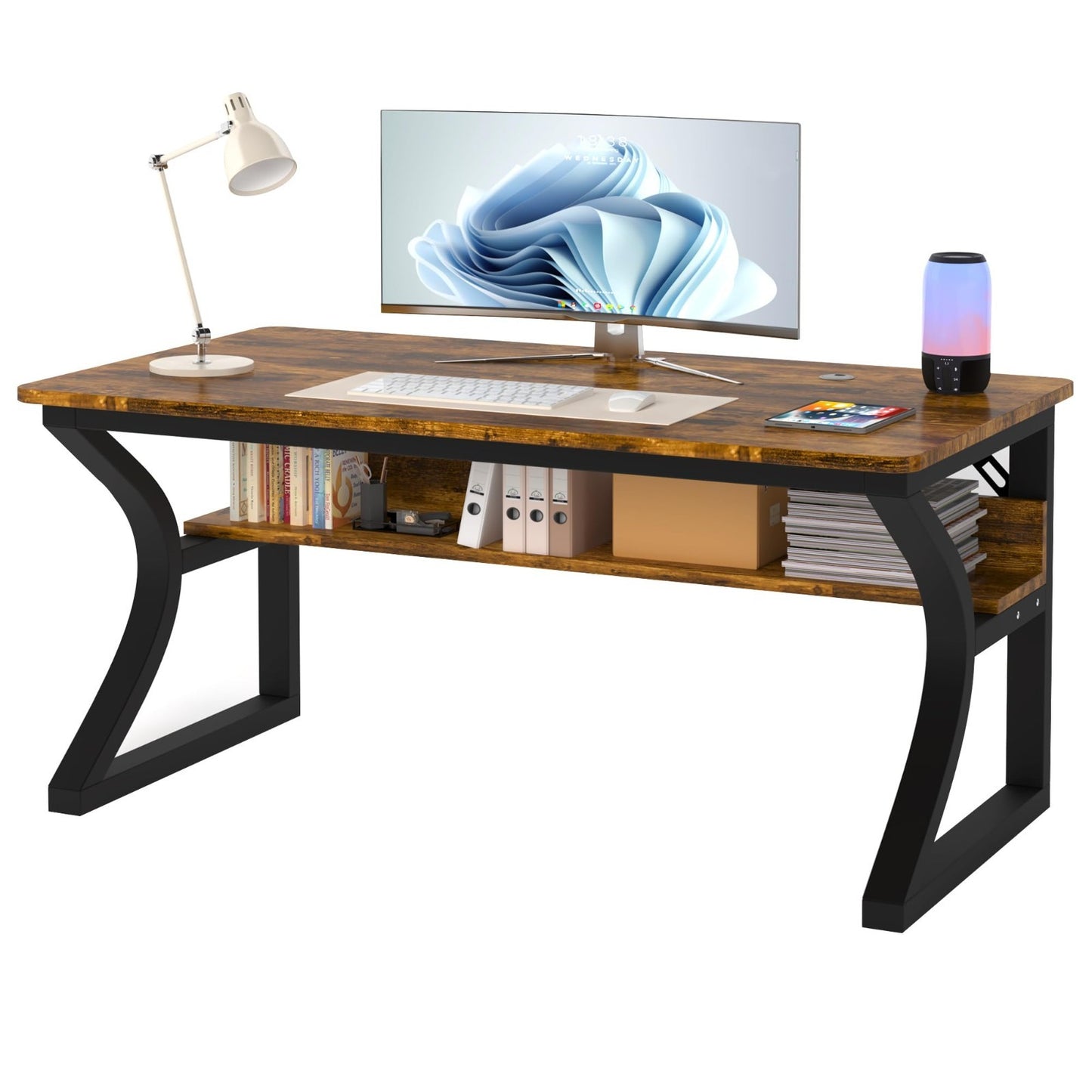 47x20 Inch Computer Desk with Storage, Sturdy Metal Frame, Rustic Brown, Home Of1