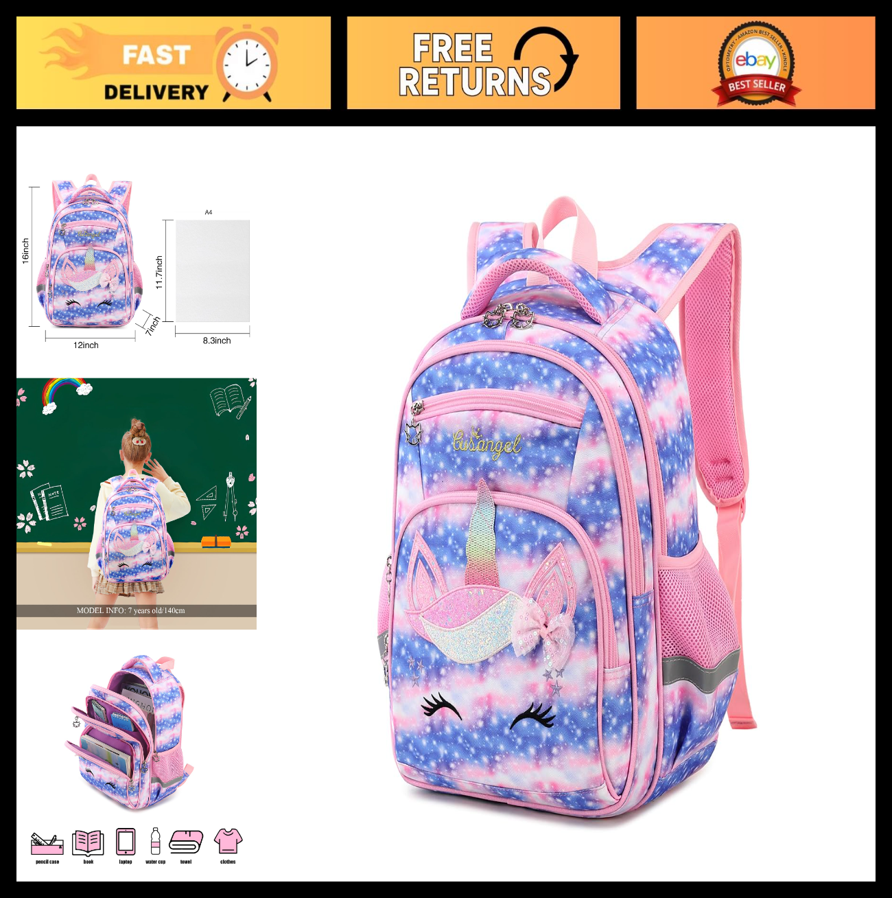 Lightweight Waterproof School Backpack for Kids   Large Capacity Unicorn Design0