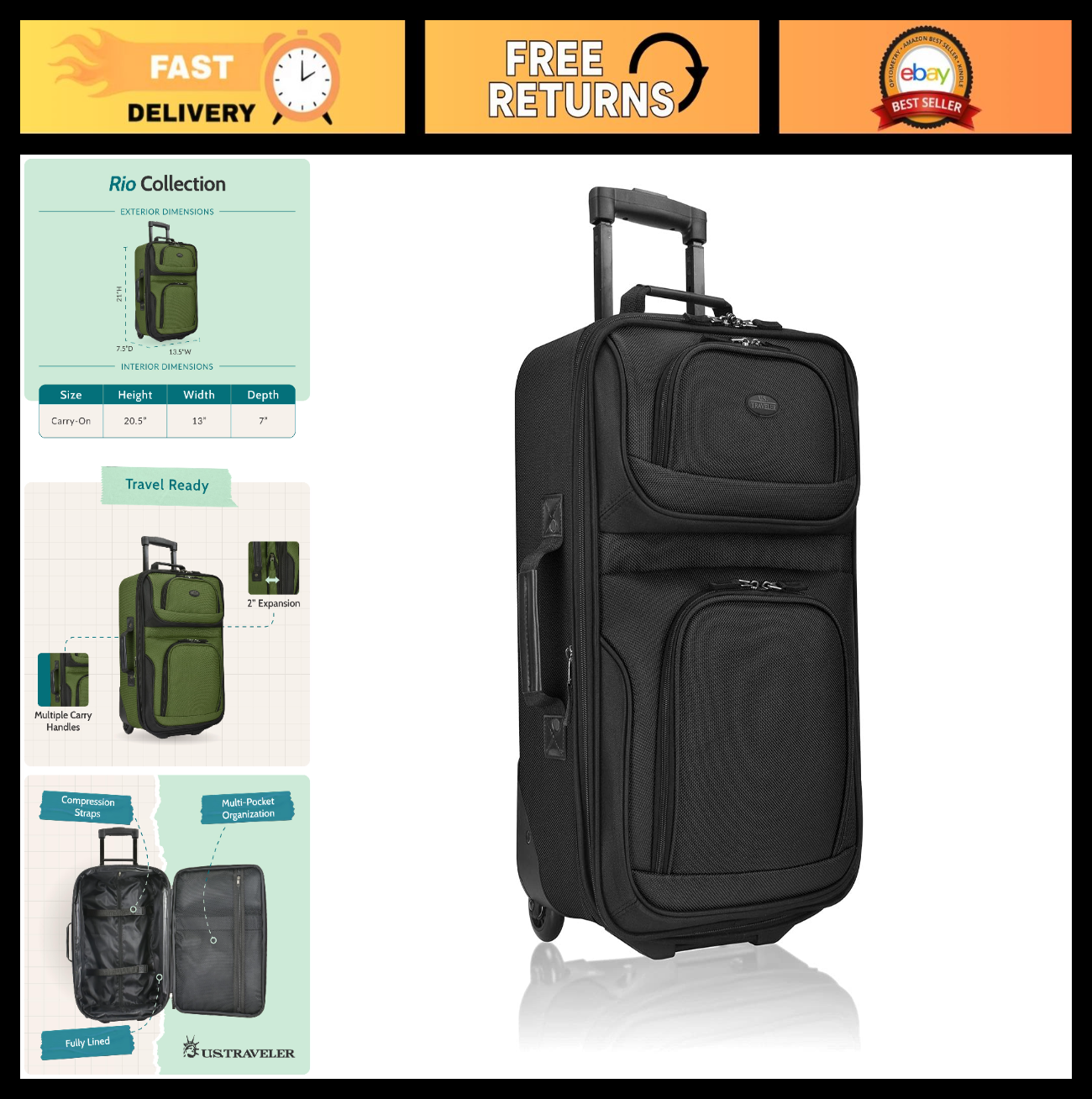 Lightweight Softside Rolling Carry-On Suitcase, 2-Wheel Travel Luggage, Black0
