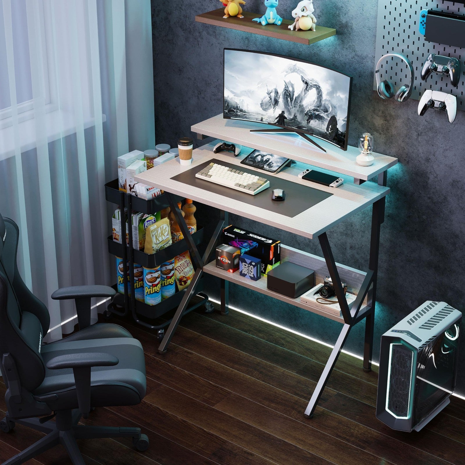 Compact 27.5" Computer Desk with Adjustable Monitor Stand & Storage - White/Blac6