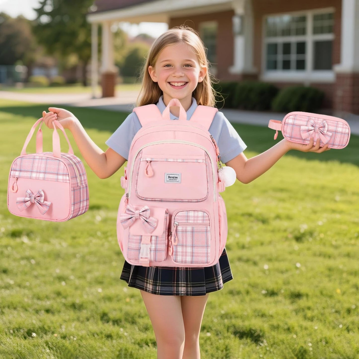 Cute Bow Backpack for Girls, School Bag Set with Lunch Bag & Pencil Case7
