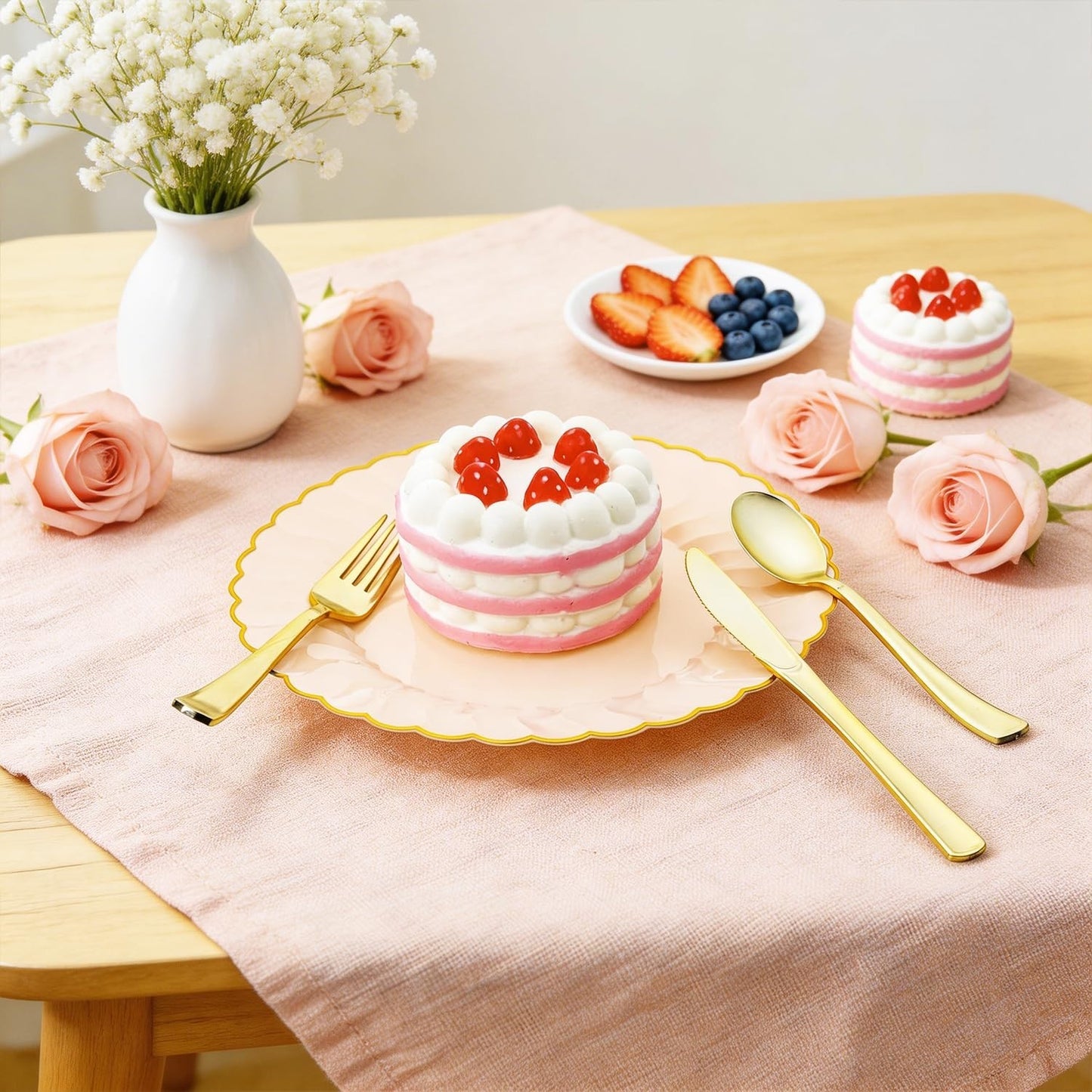 125pcs Pink Scalloped Disposable Plates & Gold Silverware for Party, Baby Shower4