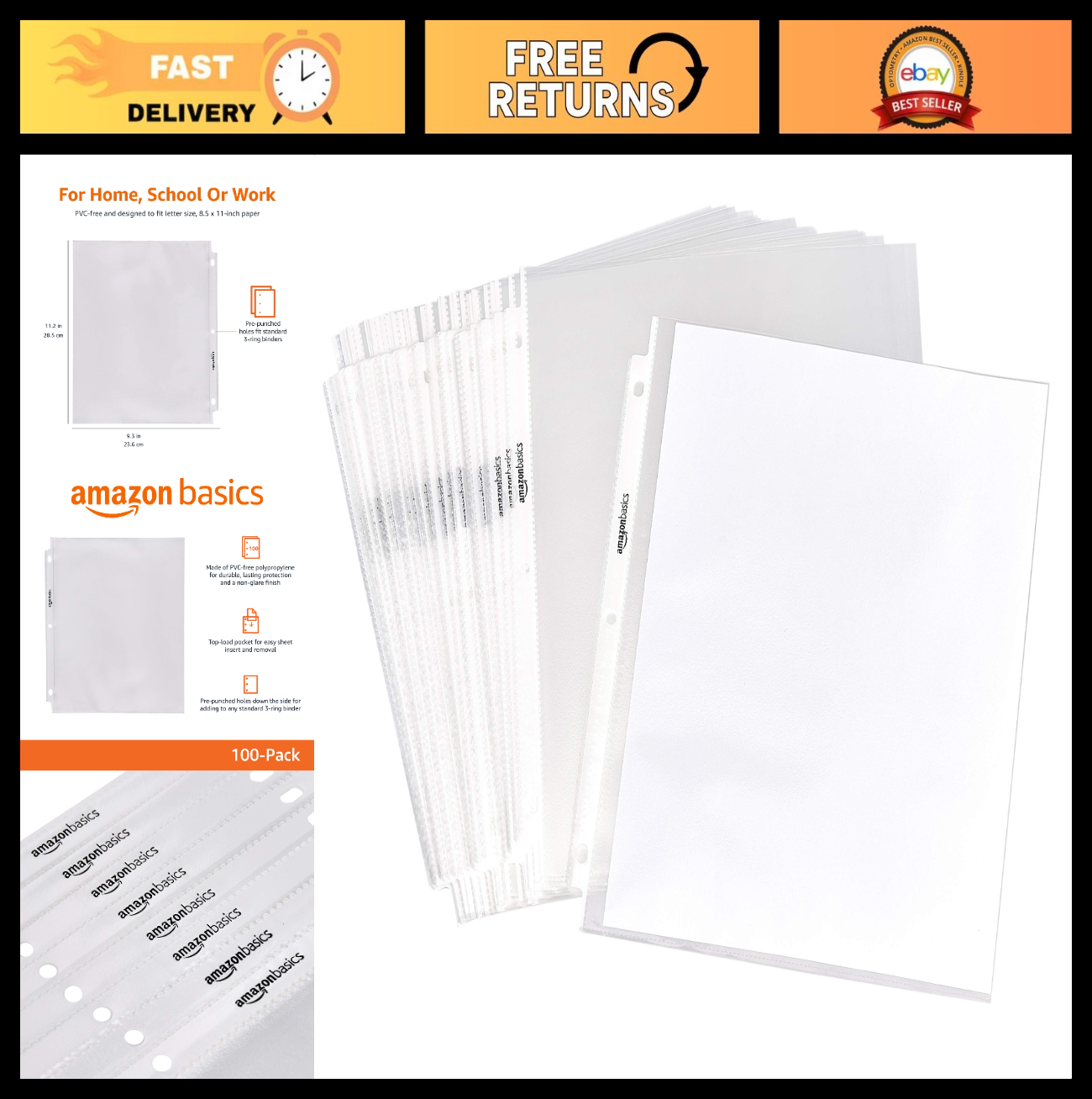 Clear Sheet Protectors for 3 Ring Binder, Non Glare, Top Loading, 100 Pack, Lett0