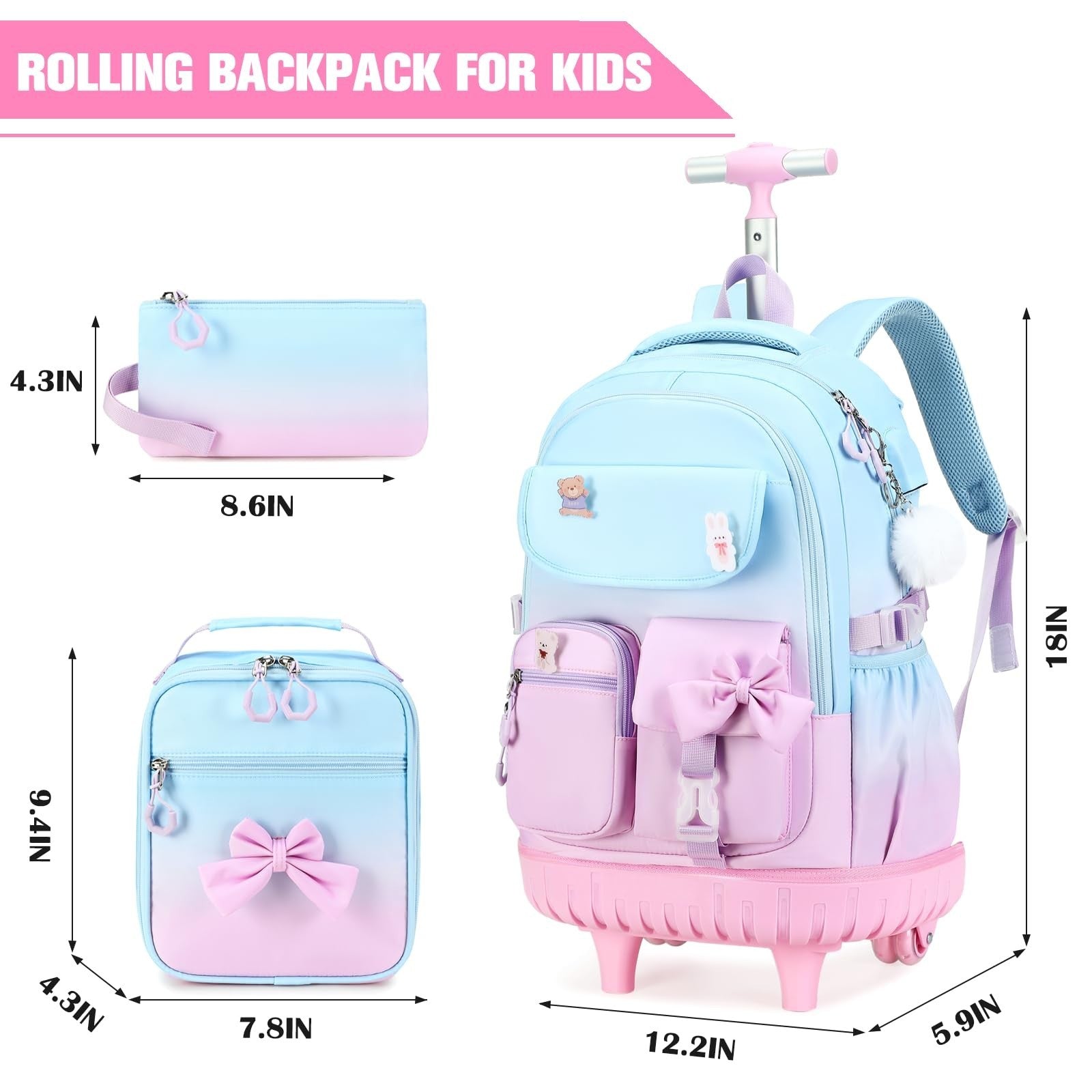 Rolling Backpack for Girls   Wheeled School Bag with Lunch Bag & Pencil Pouch, T2