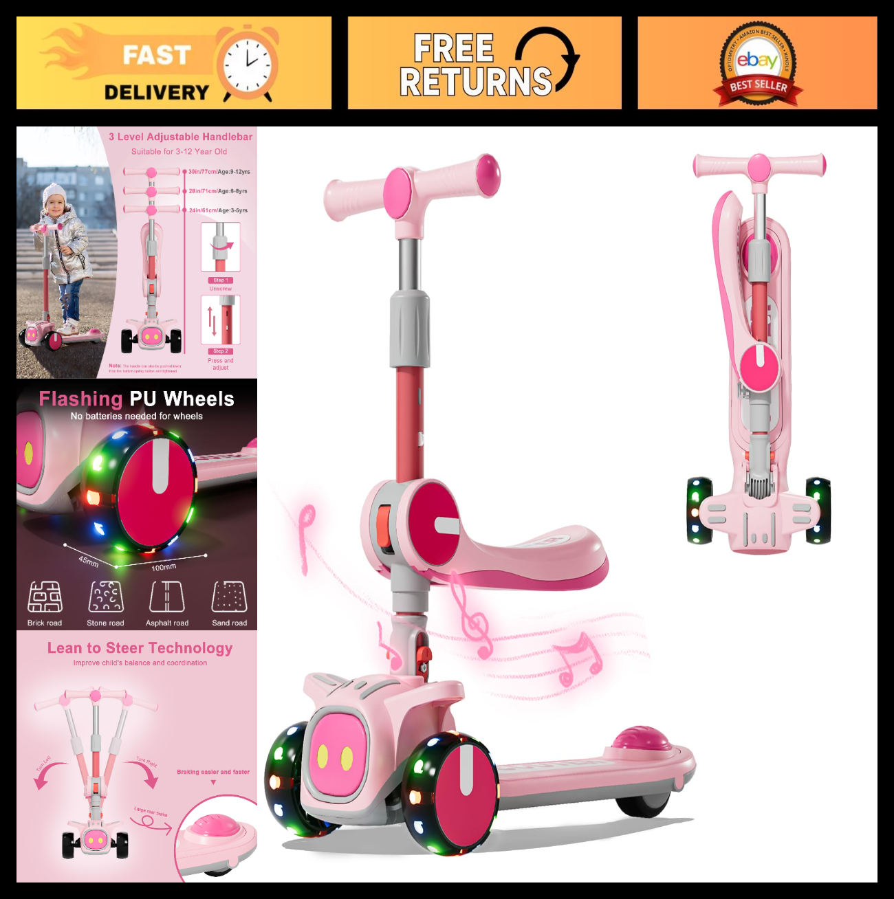 2-in-1 Kids Kick Scooter, Adjustable Height, 3-Wheel Design, Safe for Ages 3-80